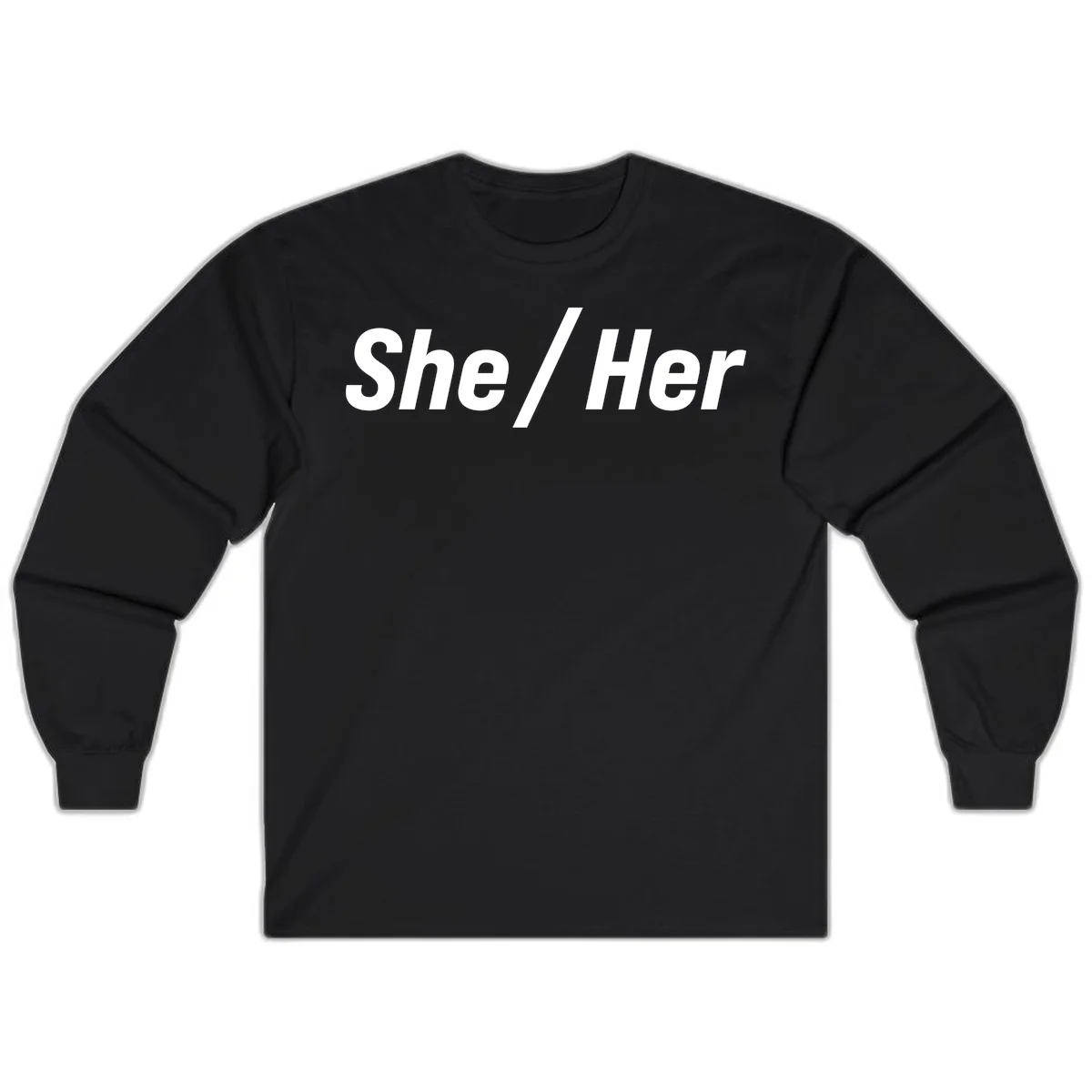 White text reading 'She / Her' in bold sans-serif font on gray background, pronoun statement design in Black