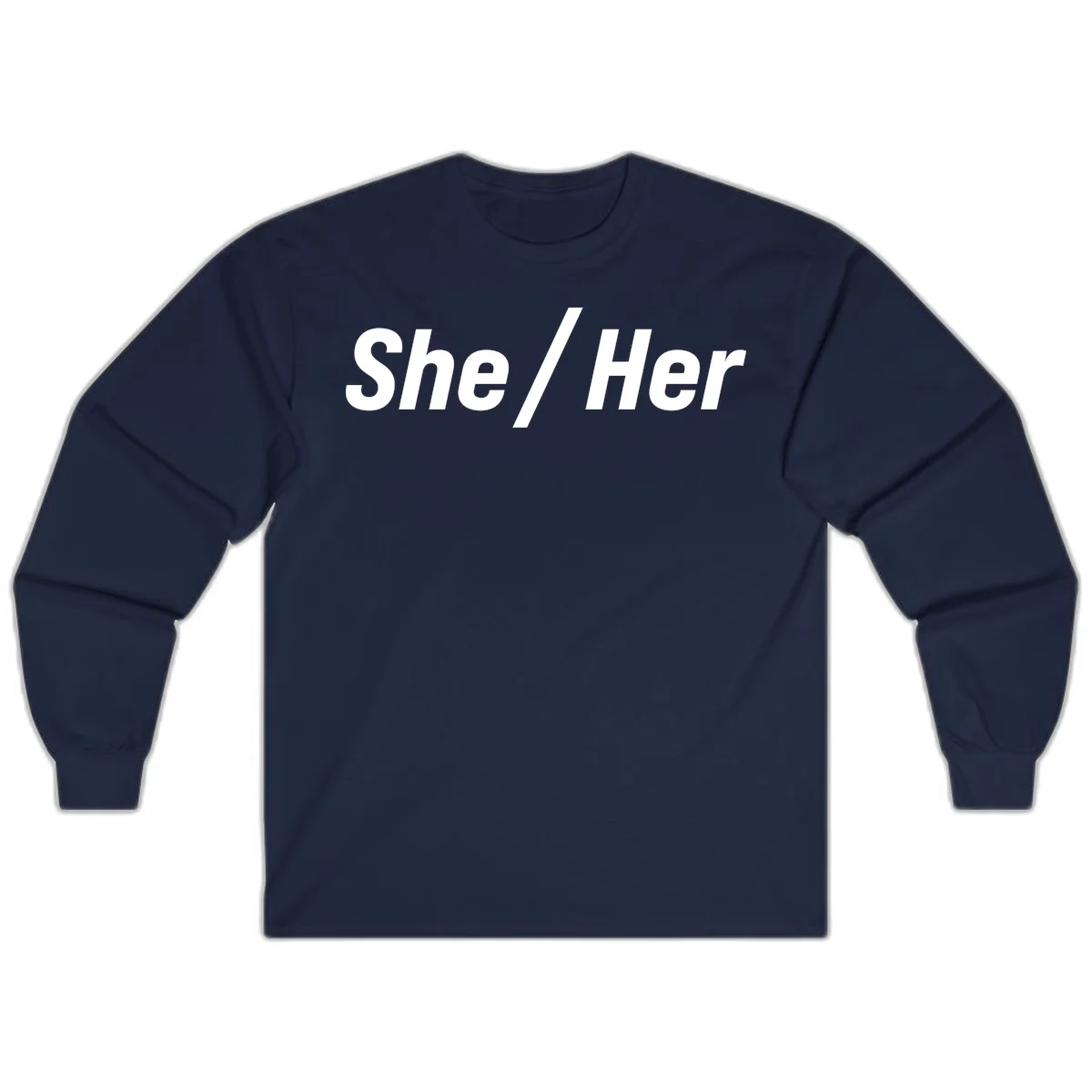 White text reading 'She / Her' in bold sans-serif font on gray background, pronoun statement design in Navy