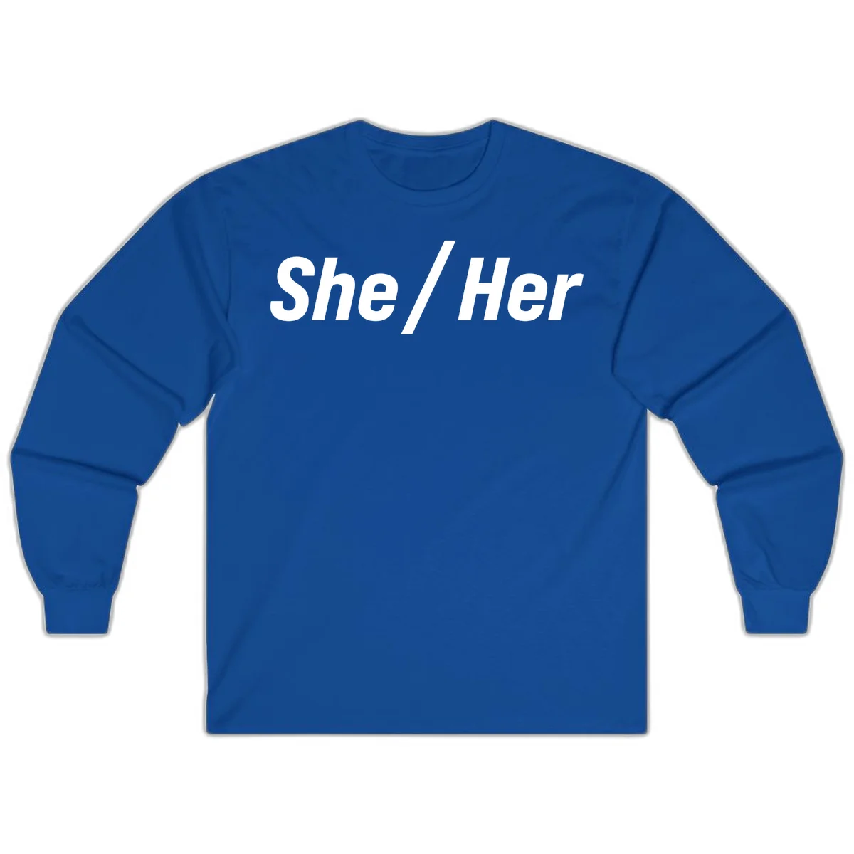 White text reading 'She / Her' in bold sans-serif font on gray background, pronoun statement design in Royal