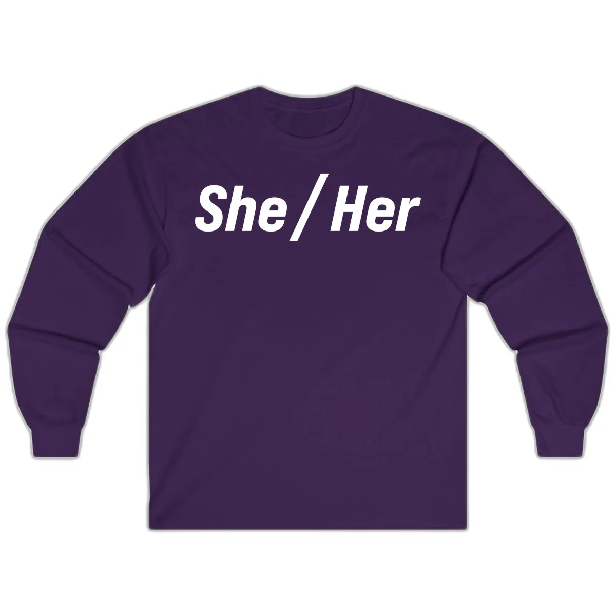 White text reading 'She / Her' in bold sans-serif font on gray background, pronoun statement design in Purple