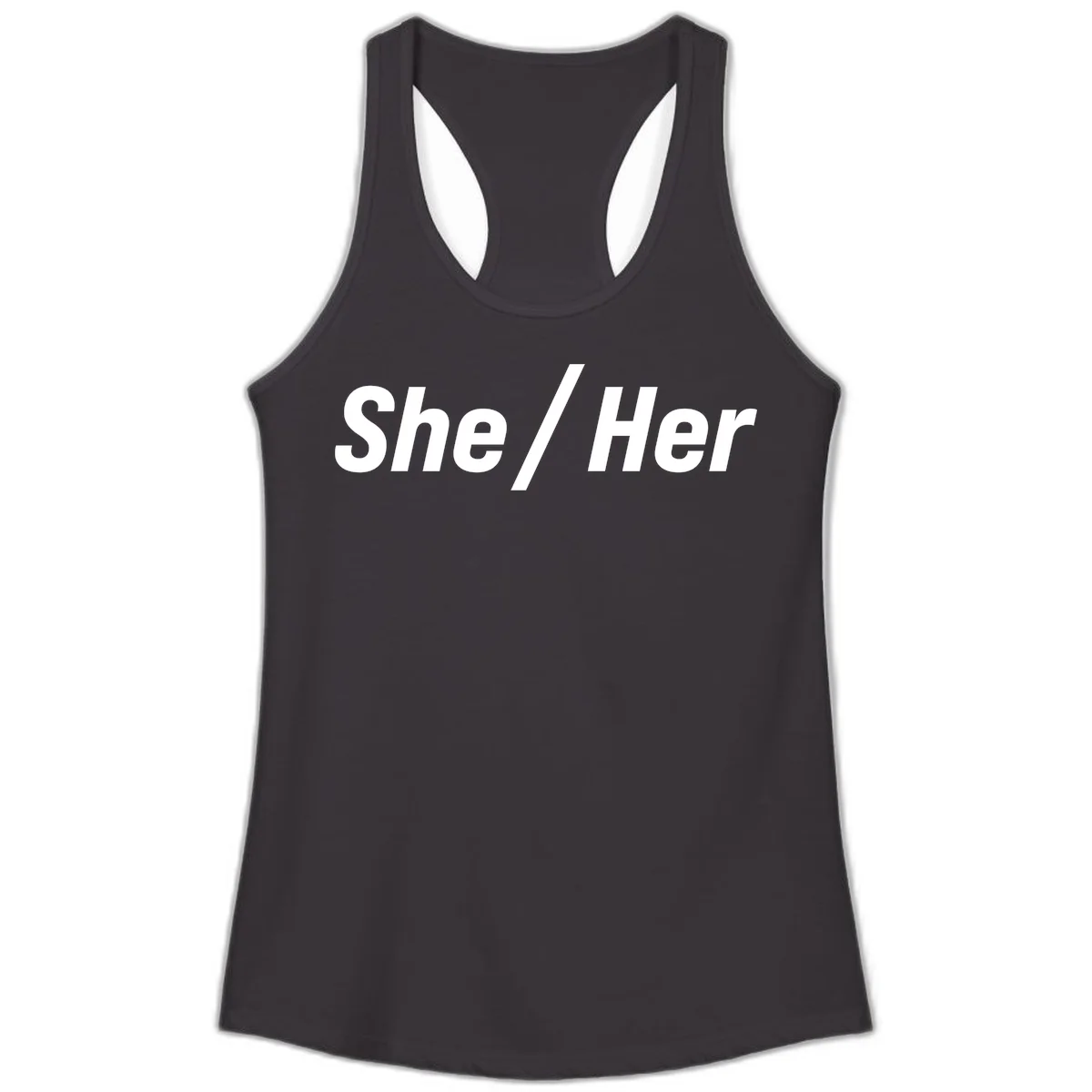 White text reading 'She / Her' in bold sans-serif font on gray background, pronoun statement design in Black