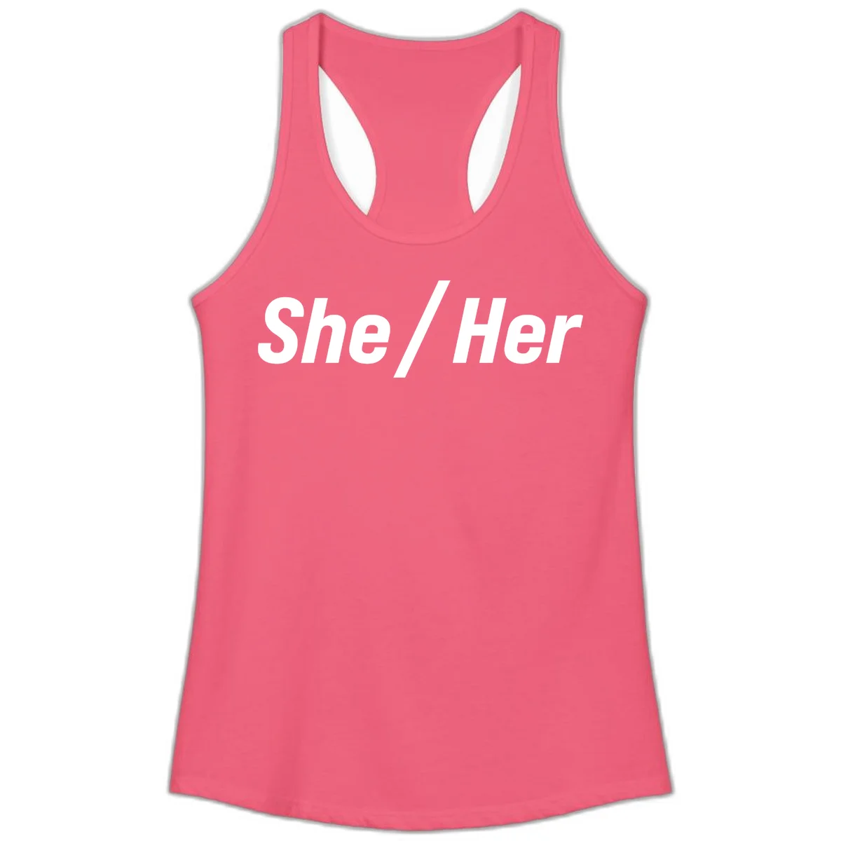 White text reading 'She / Her' in bold sans-serif font on gray background, pronoun statement design in Hot Pink