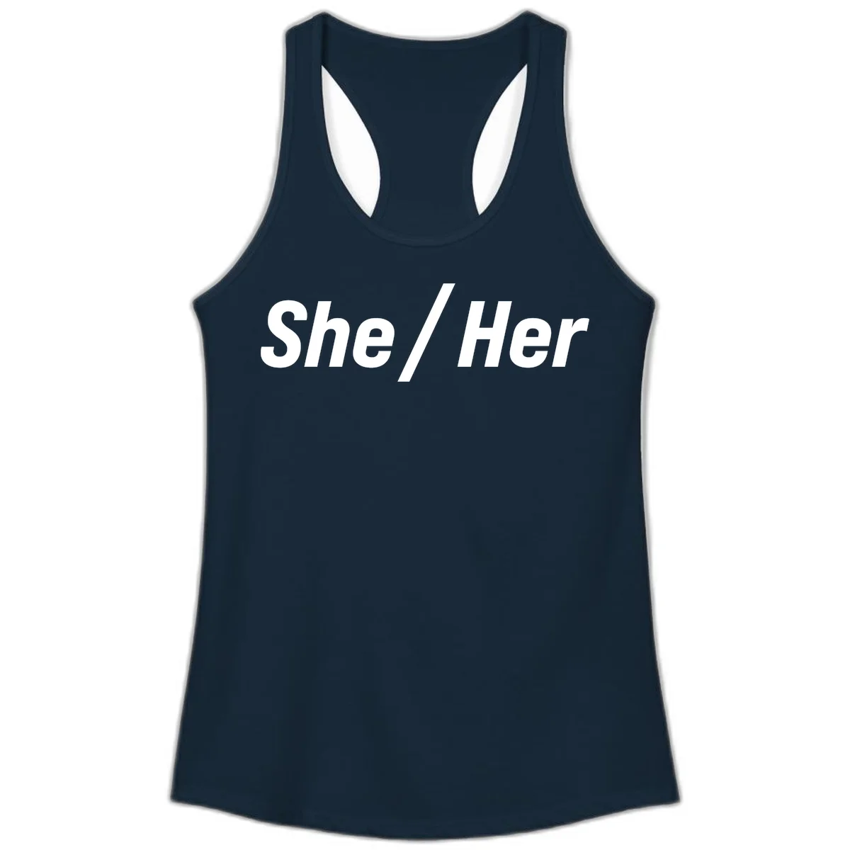 White text reading 'She / Her' in bold sans-serif font on gray background, pronoun statement design in Solid Midnight Navy