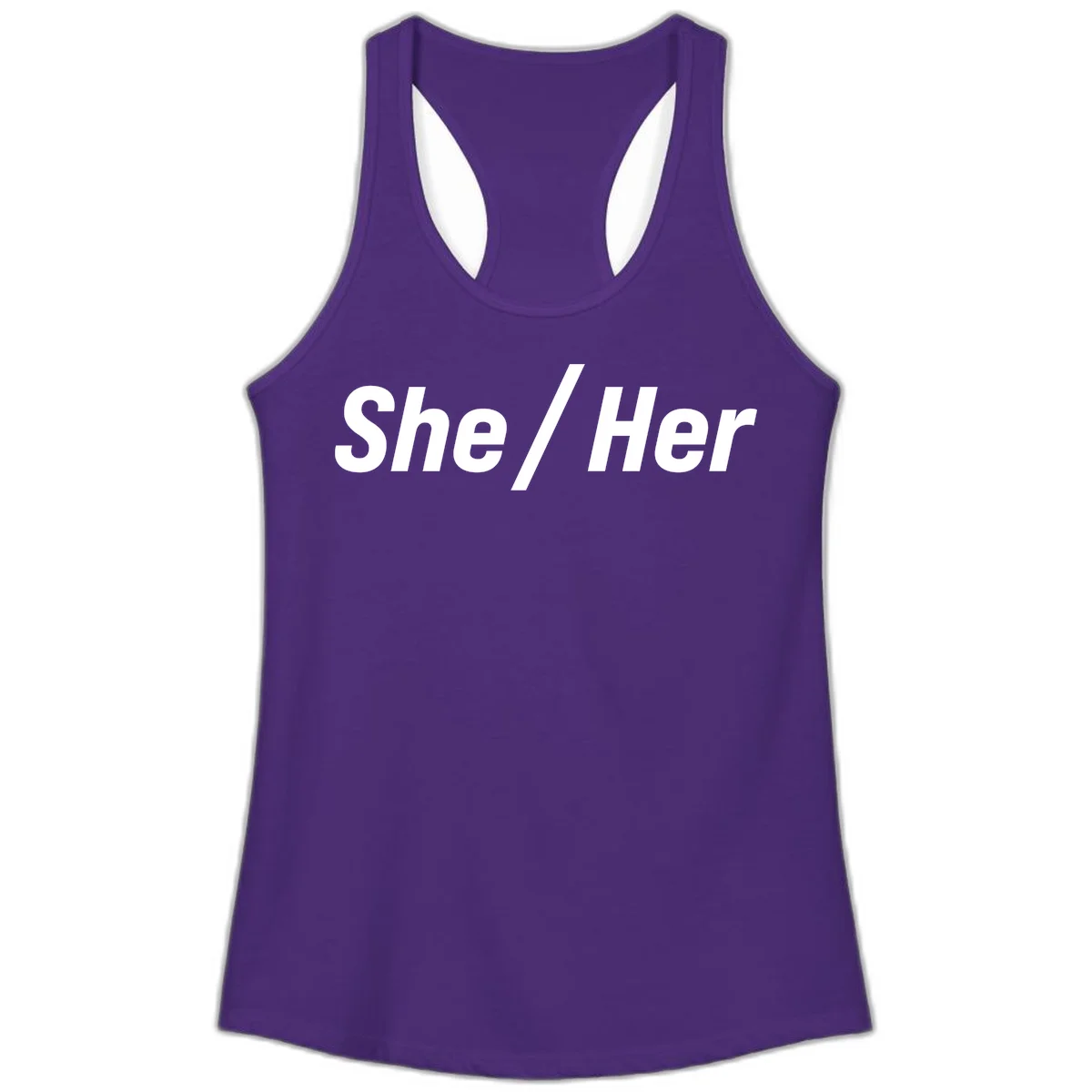 White text reading 'She / Her' in bold sans-serif font on gray background, pronoun statement design in Solid Purple Rush