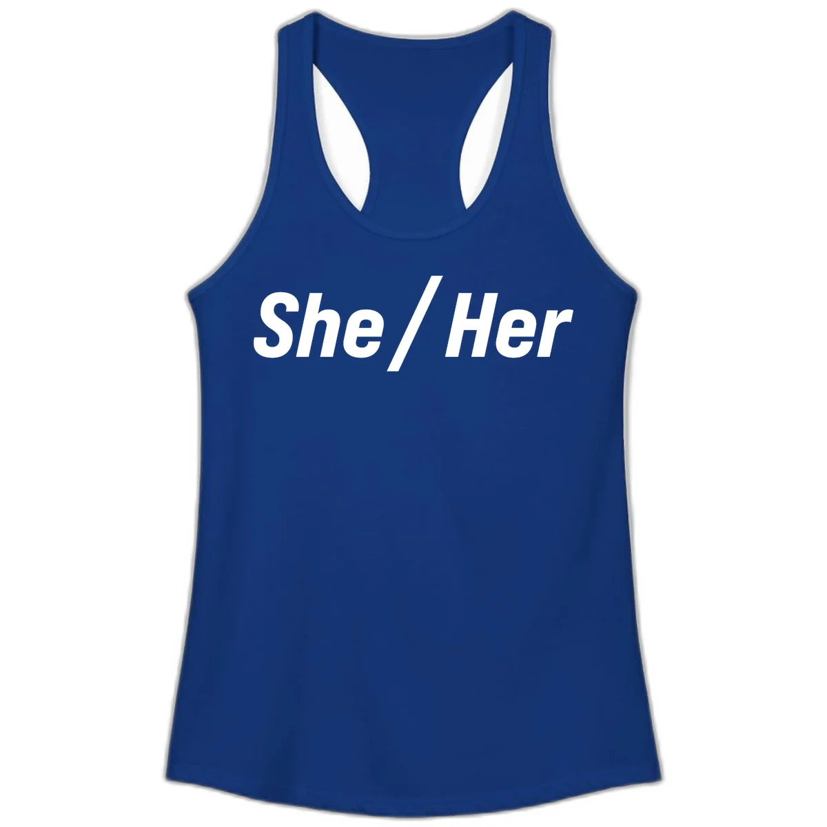 White text reading 'She / Her' in bold sans-serif font on gray background, pronoun statement design in Solid Royal