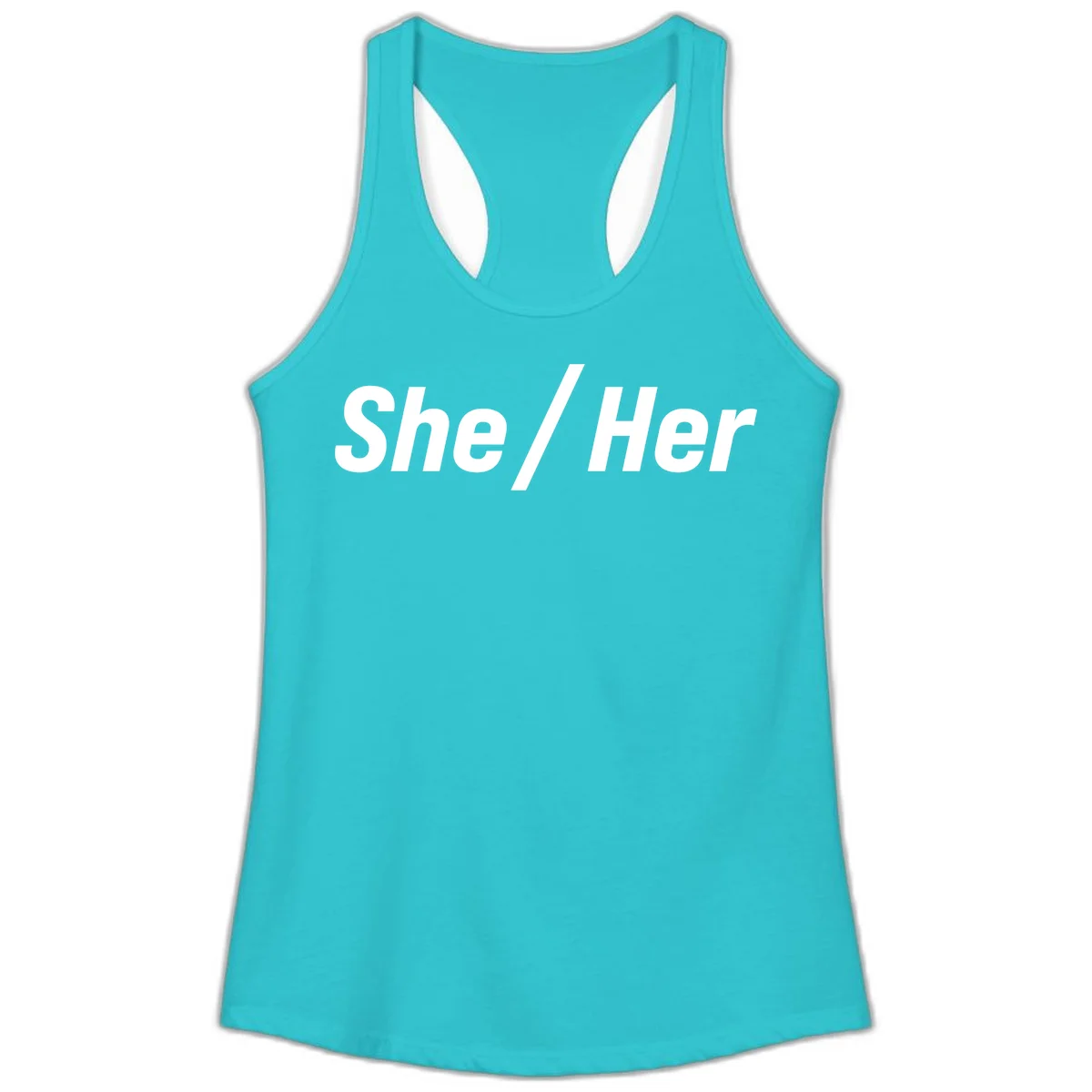 White text reading 'She / Her' in bold sans-serif font on gray background, pronoun statement design in Solid Tahiti Blue