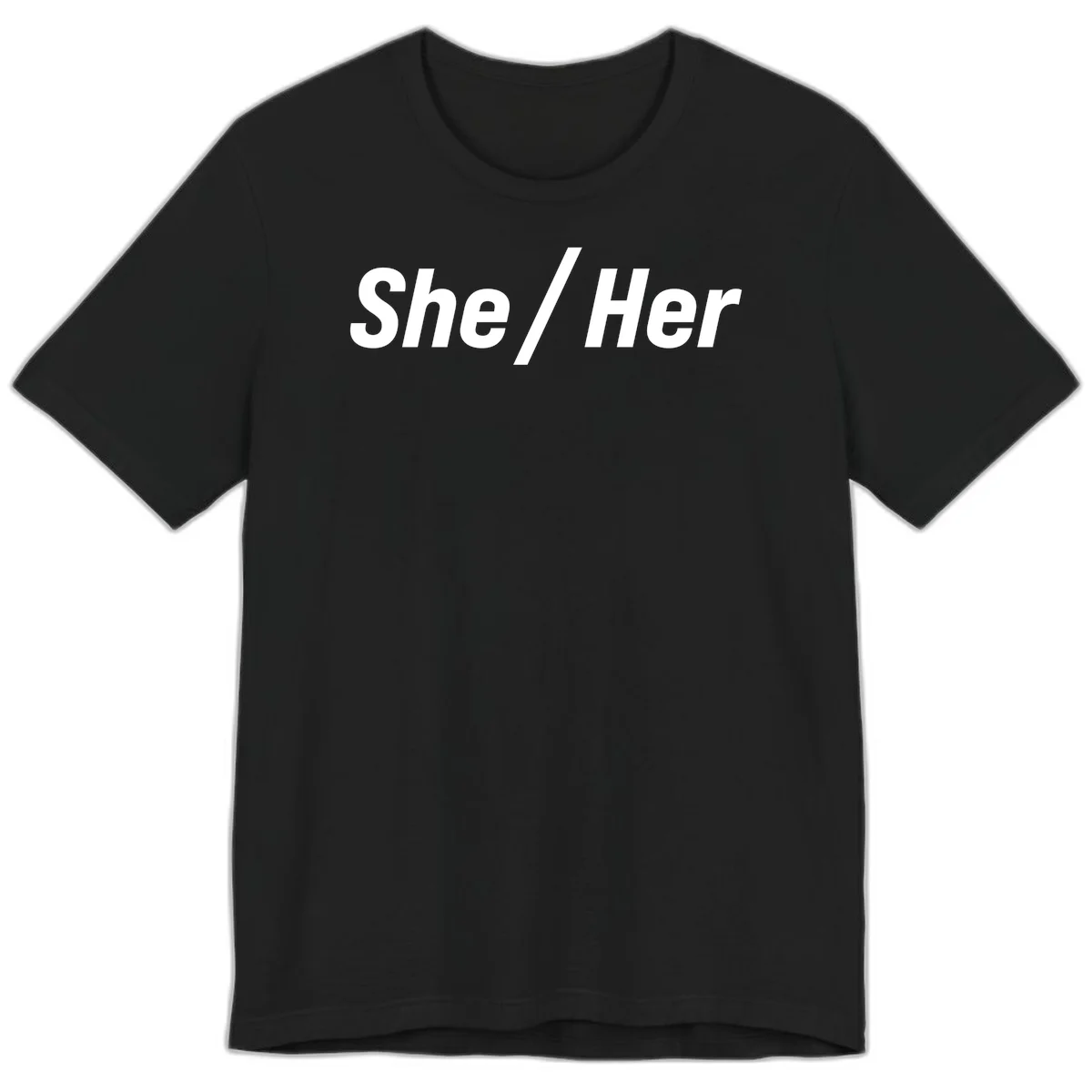 White text reading 'She / Her' in bold sans-serif font on gray background, pronoun statement design in Black