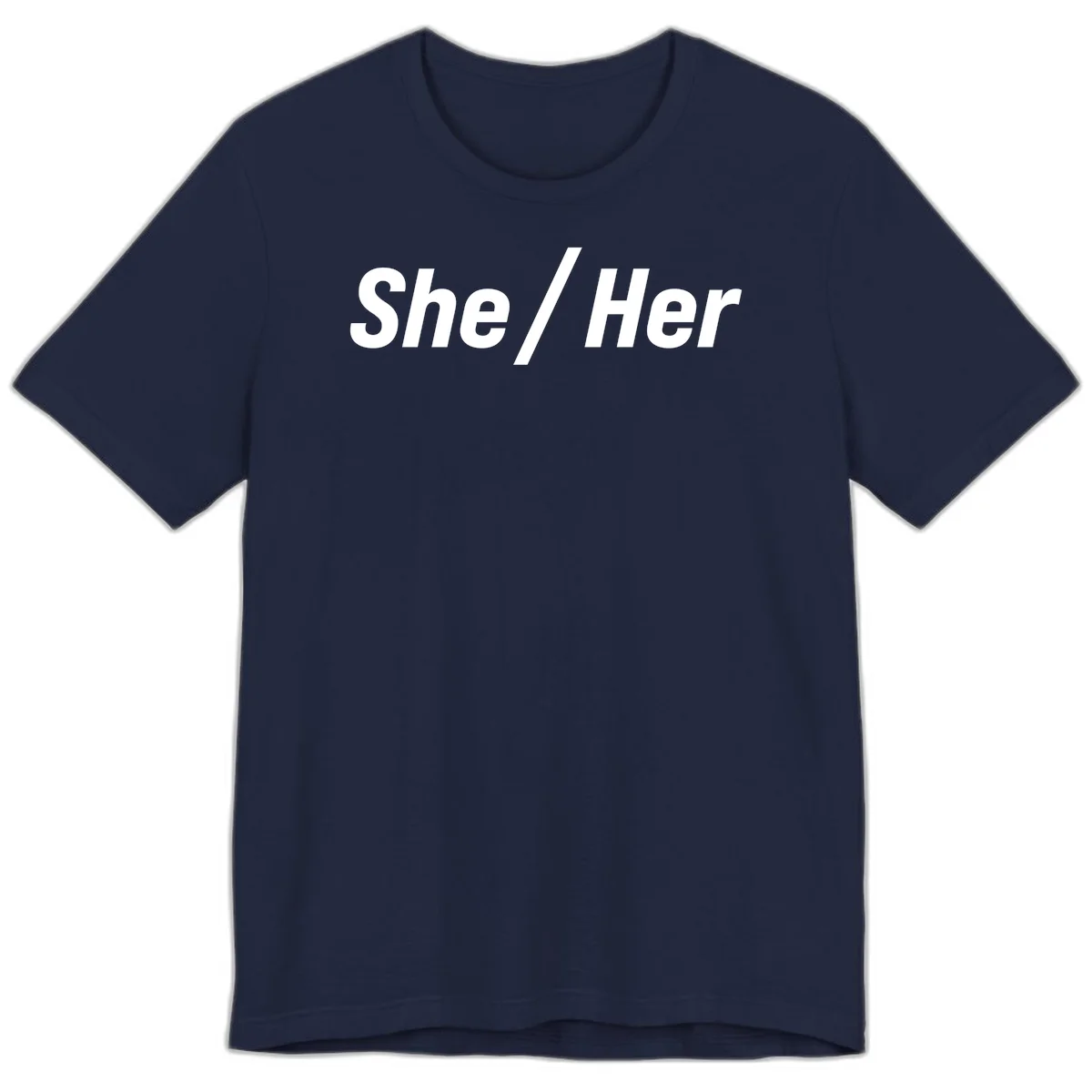 White text reading 'She / Her' in bold sans-serif font on gray background, pronoun statement design in Navy