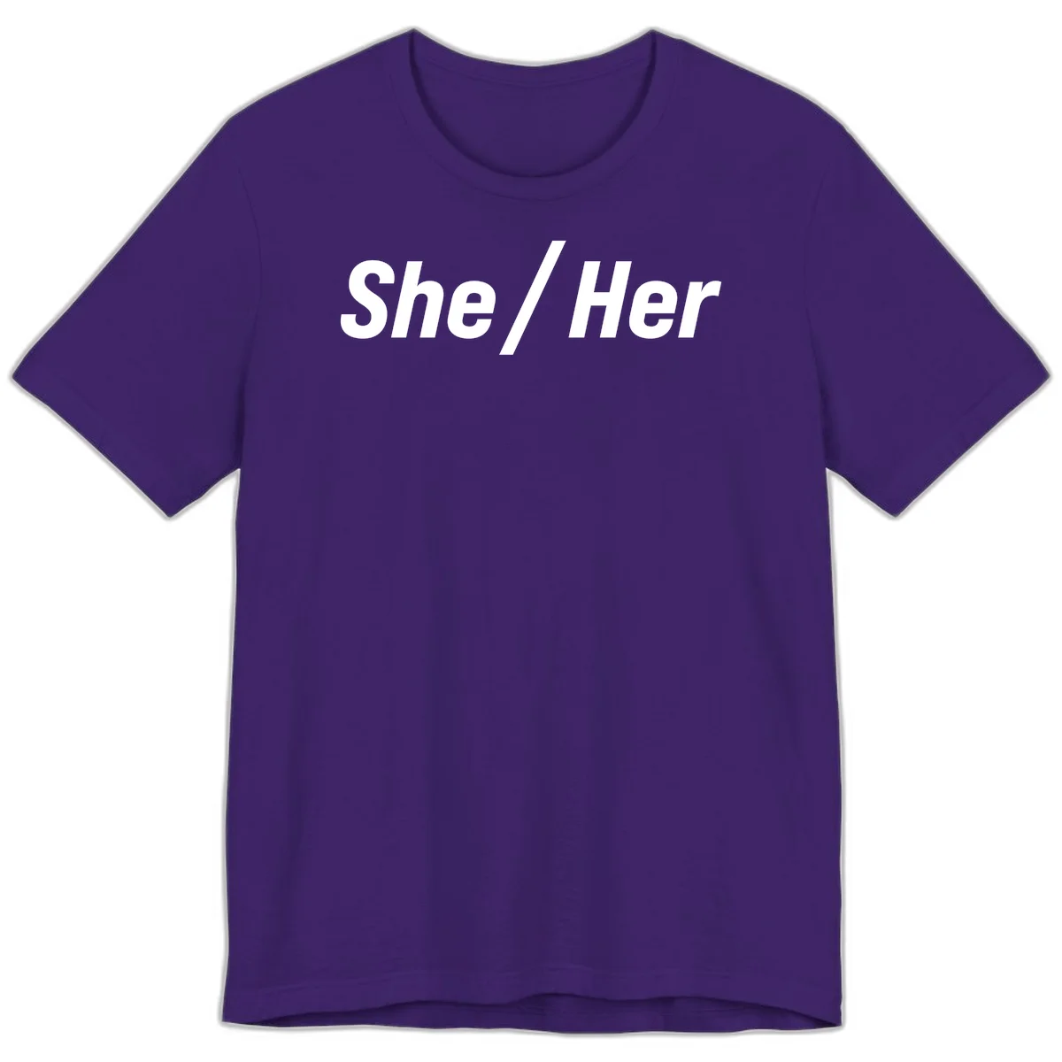 White text reading 'She / Her' in bold sans-serif font on gray background, pronoun statement design in Team Purple