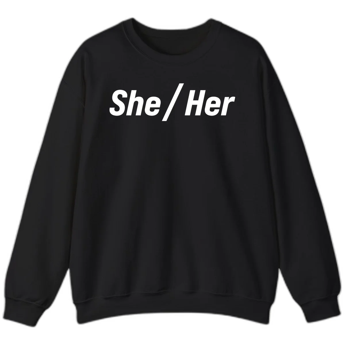 White text reading 'She / Her' in bold sans-serif font on gray background, pronoun statement design in Black