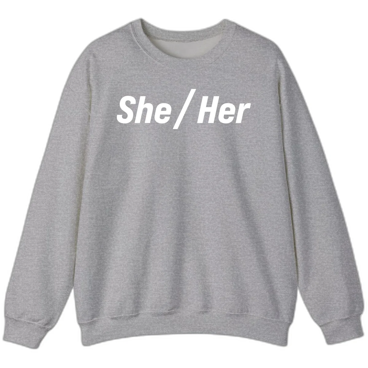 White text reading 'She / Her' in bold sans-serif font on gray background, pronoun statement design in Sport Grey