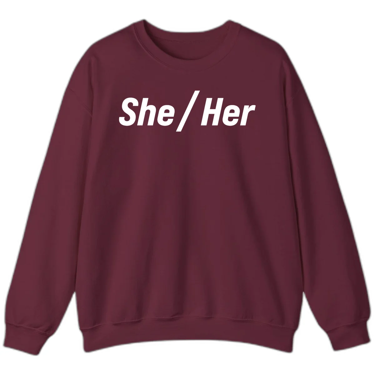 White text reading 'She / Her' in bold sans-serif font on gray background, pronoun statement design in Maroon