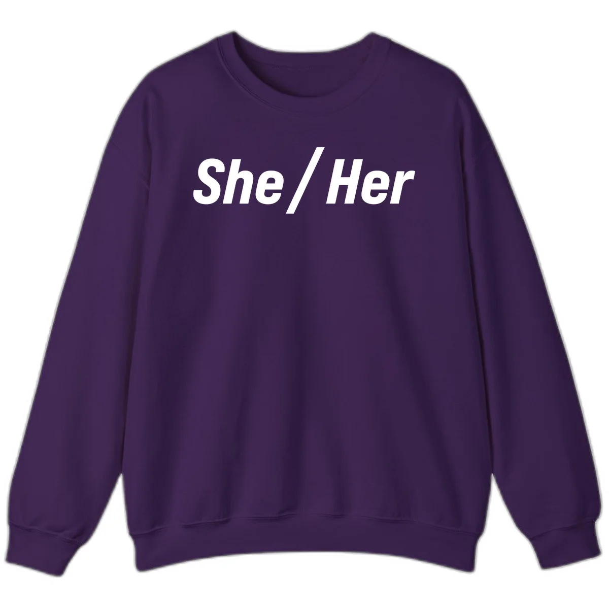 White text reading 'She / Her' in bold sans-serif font on gray background, pronoun statement design in Purple