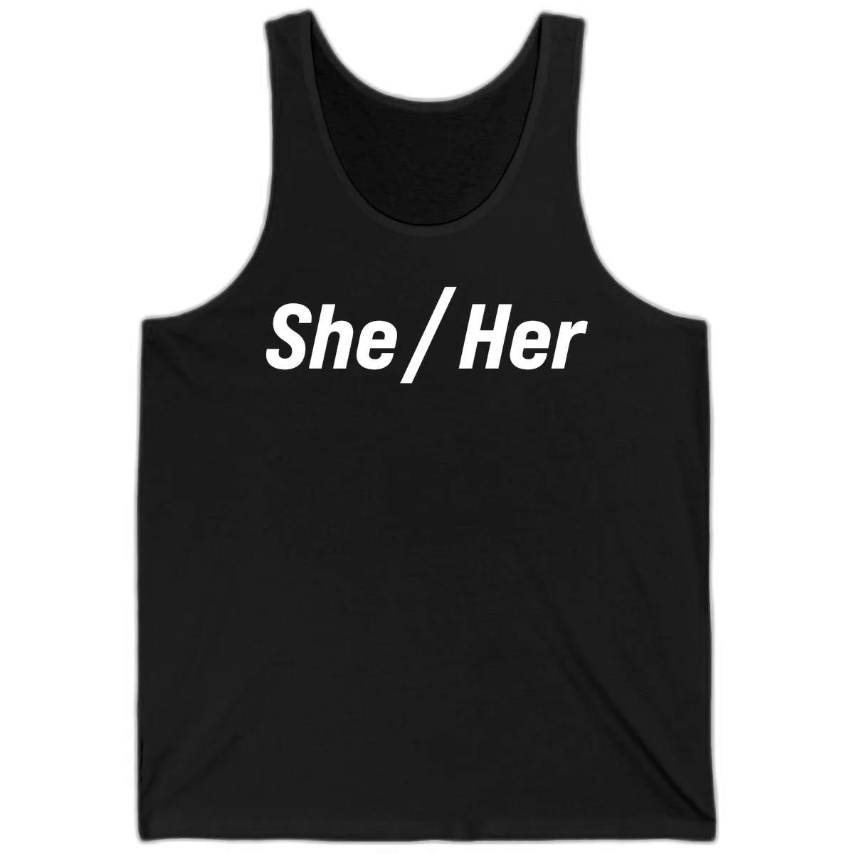 White text reading 'She / Her' in bold sans-serif font on gray background, pronoun statement design in Black