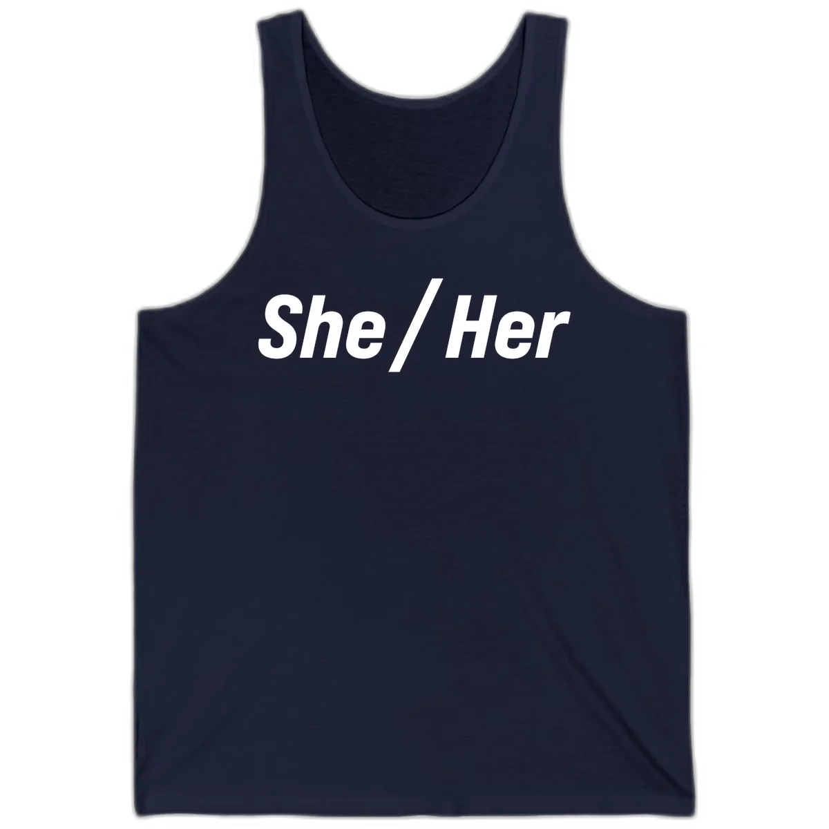 White text reading 'She / Her' in bold sans-serif font on gray background, pronoun statement design in Navy