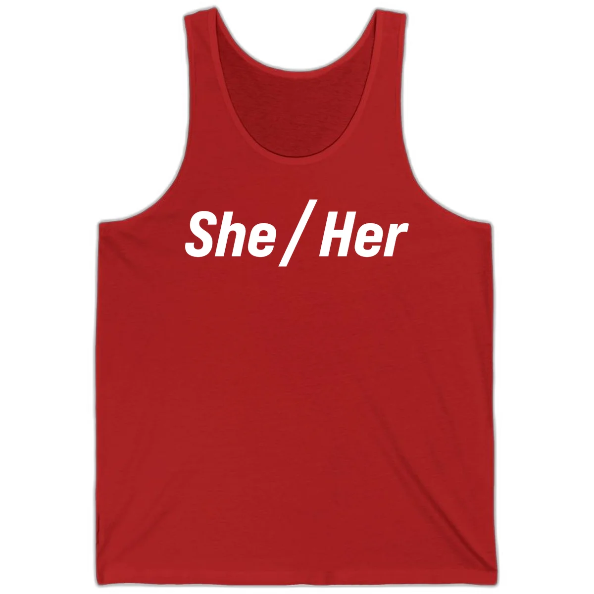 White text reading 'She / Her' in bold sans-serif font on gray background, pronoun statement design in Red