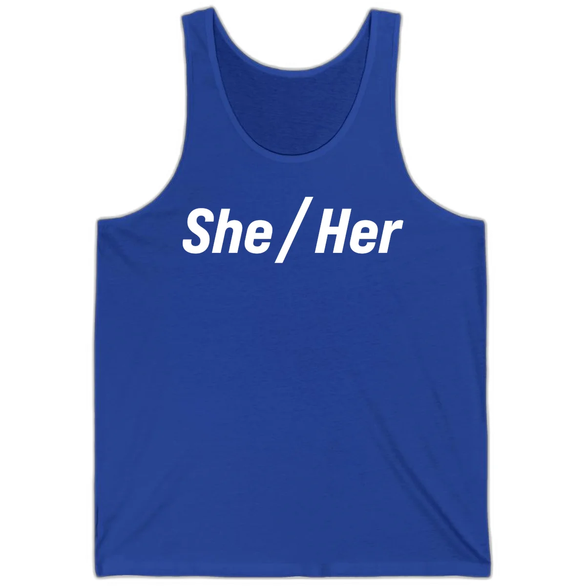 White text reading 'She / Her' in bold sans-serif font on gray background, pronoun statement design in True Royal