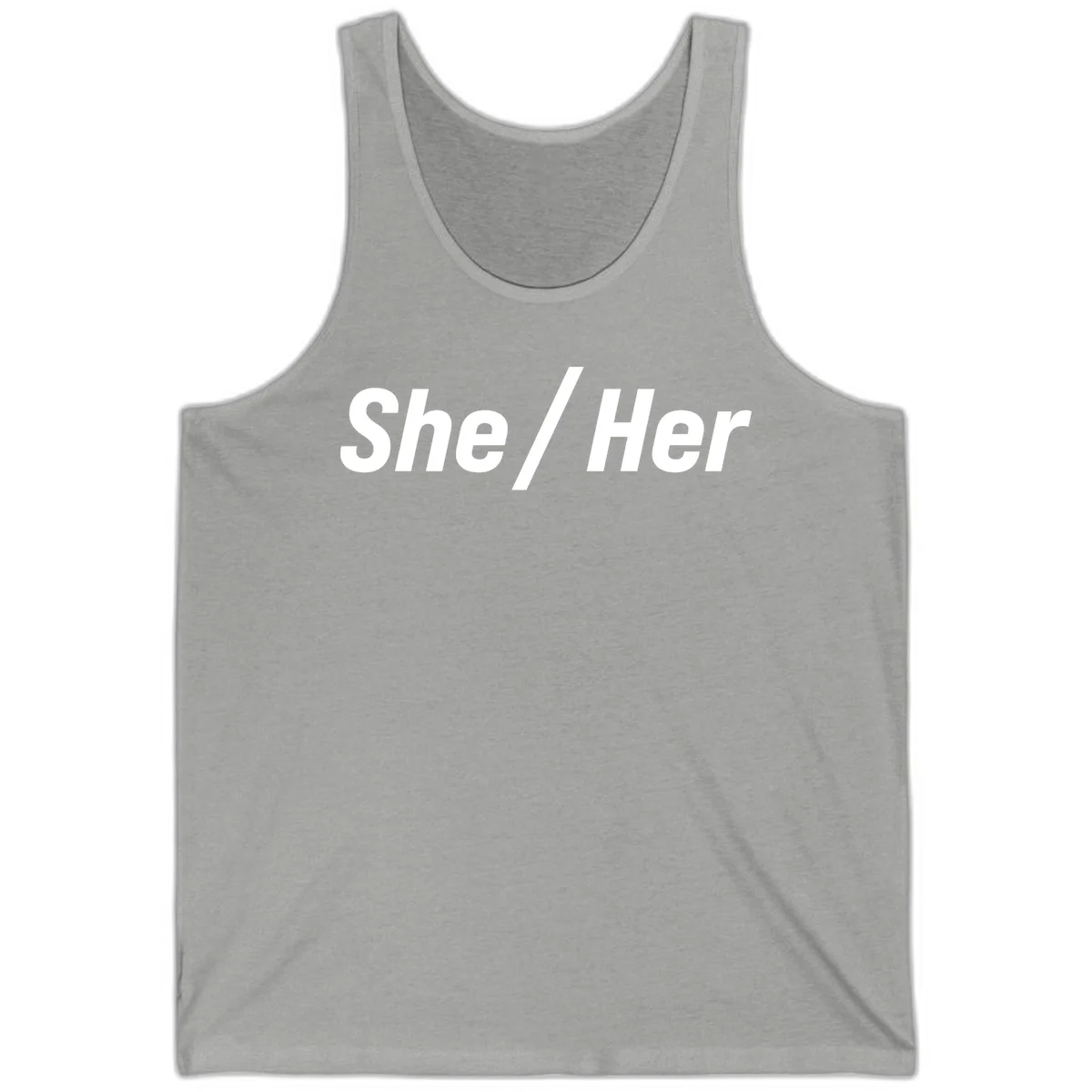White text reading 'She / Her' in bold sans-serif font on gray background, pronoun statement design in Athletic Heather