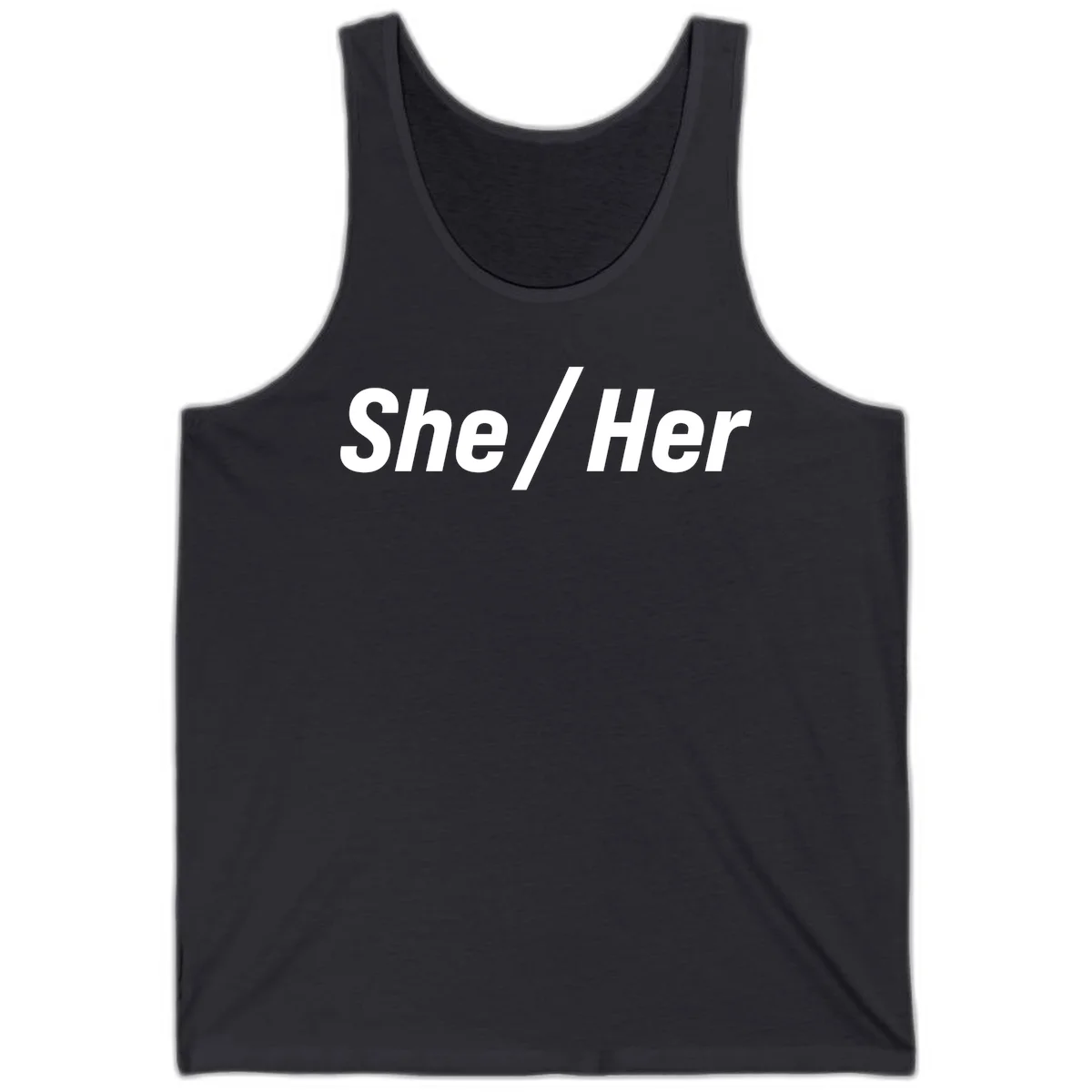 White text reading 'She / Her' in bold sans-serif font on gray background, pronoun statement design in Dark Grey