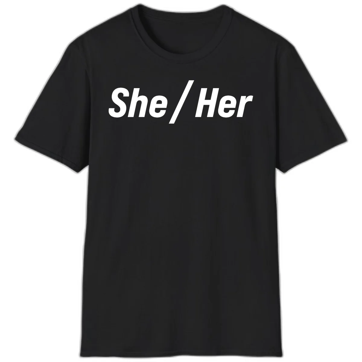 White text reading 'She / Her' in bold sans-serif font on gray background, pronoun statement design in Black