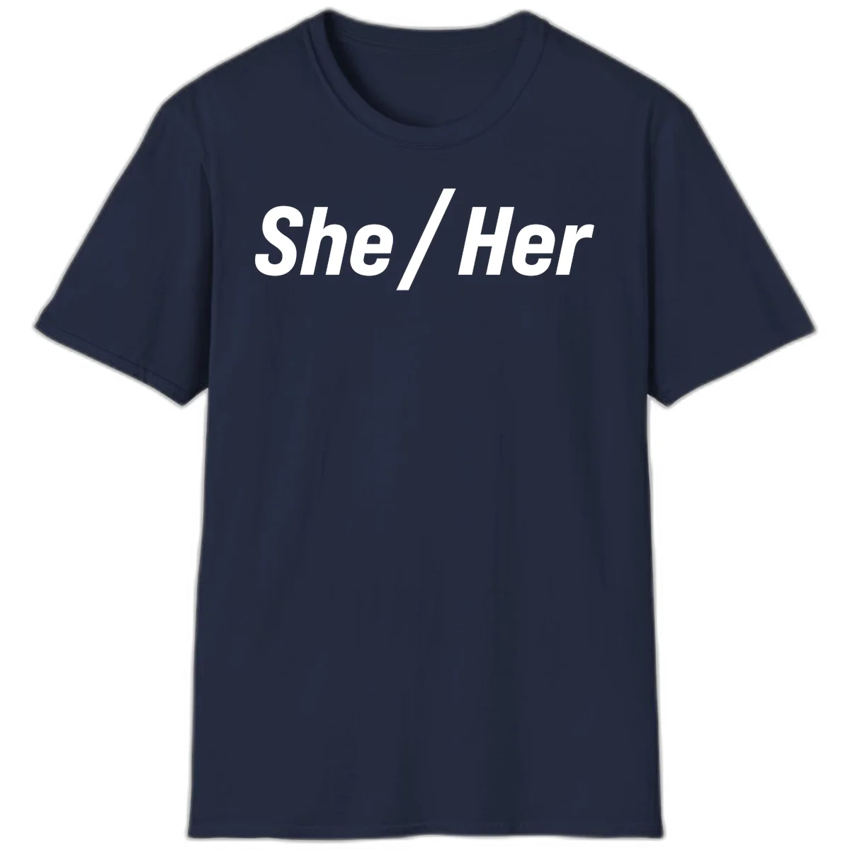 White text reading 'She / Her' in bold sans-serif font on gray background, pronoun statement design in Navy