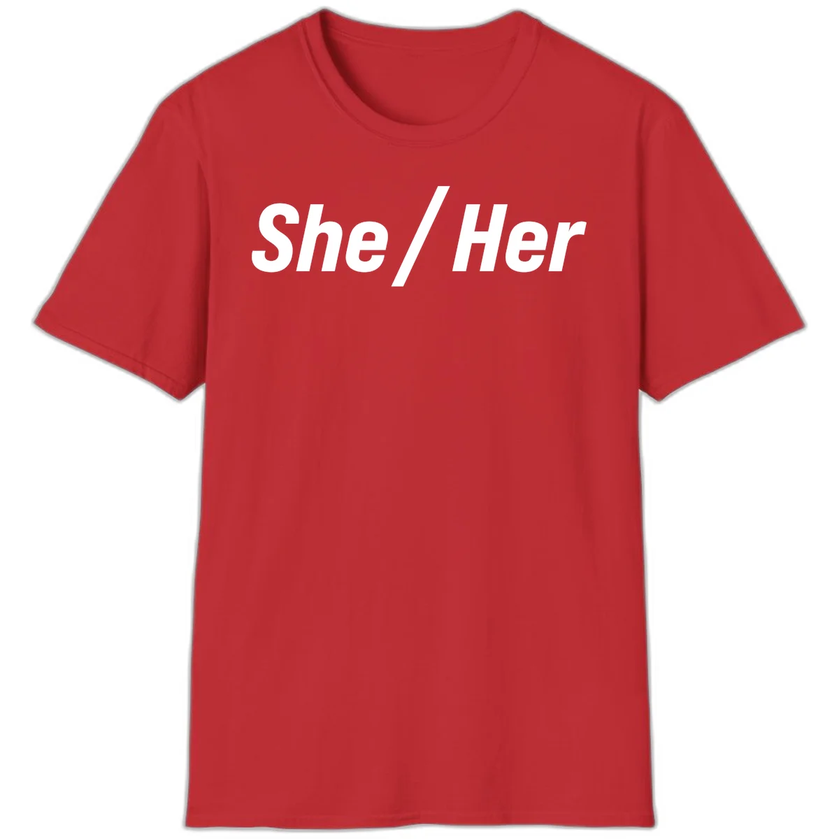 White text reading 'She / Her' in bold sans-serif font on gray background, pronoun statement design in Red