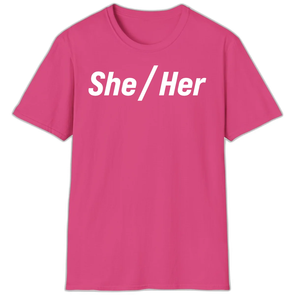 White text reading 'She / Her' in bold sans-serif font on gray background, pronoun statement design in Heliconia