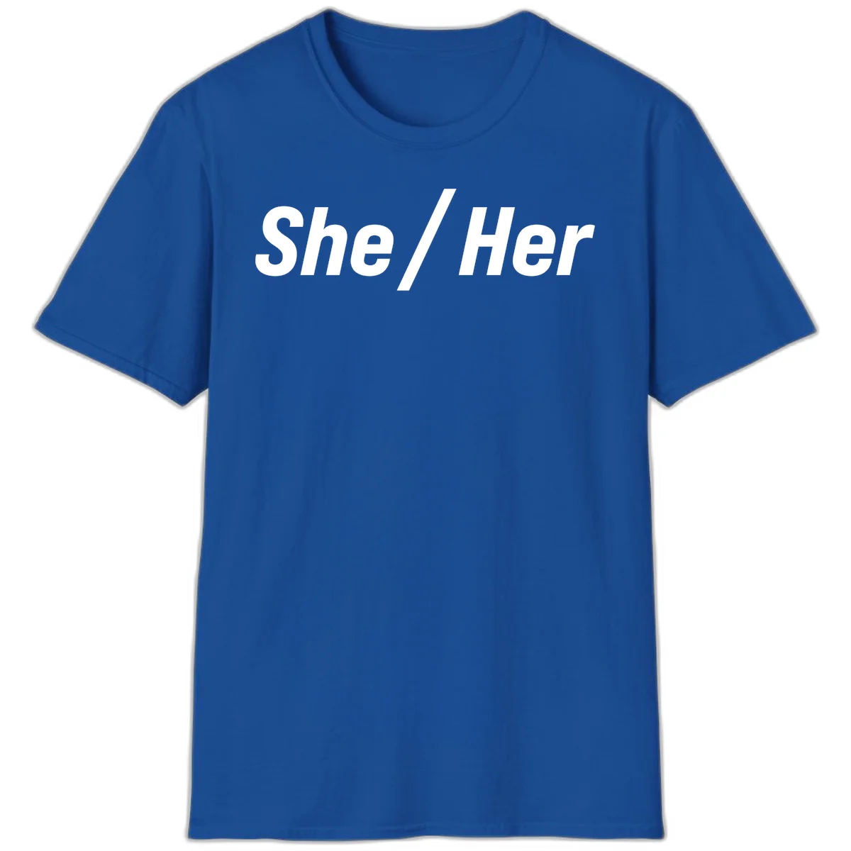 White text reading 'She / Her' in bold sans-serif font on gray background, pronoun statement design in Royal