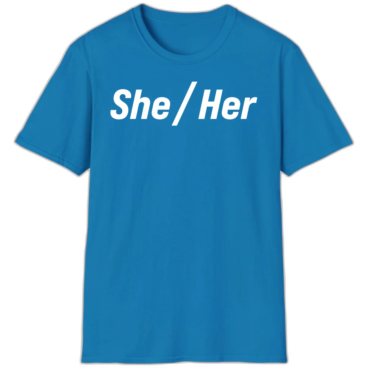White text reading 'She / Her' in bold sans-serif font on gray background, pronoun statement design in Sapphire