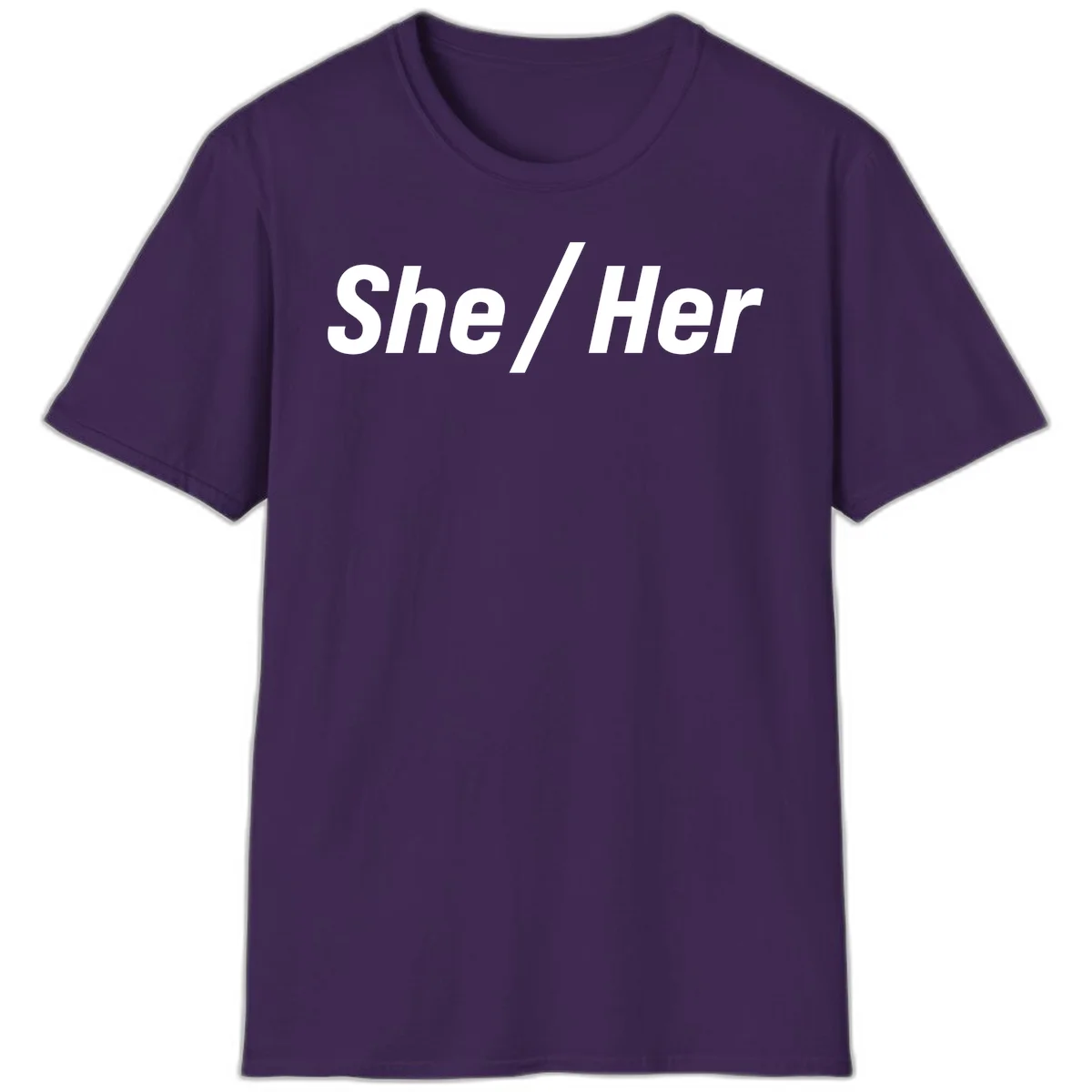 White text reading 'She / Her' in bold sans-serif font on gray background, pronoun statement design in Purple