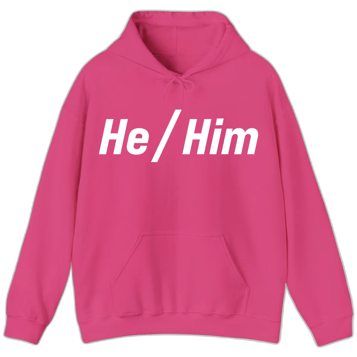 Bold white text reading 'He / Him' with forward slash on gray background for pronoun pride awareness in Heliconia