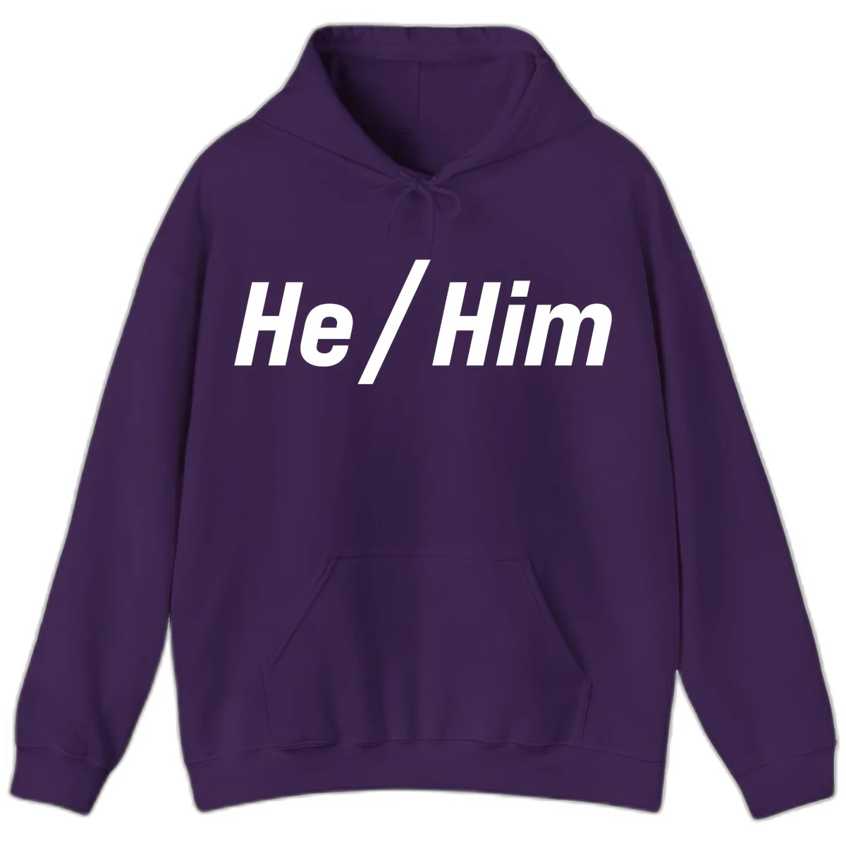Bold white text reading 'He / Him' with forward slash on gray background for pronoun pride awareness in Purple