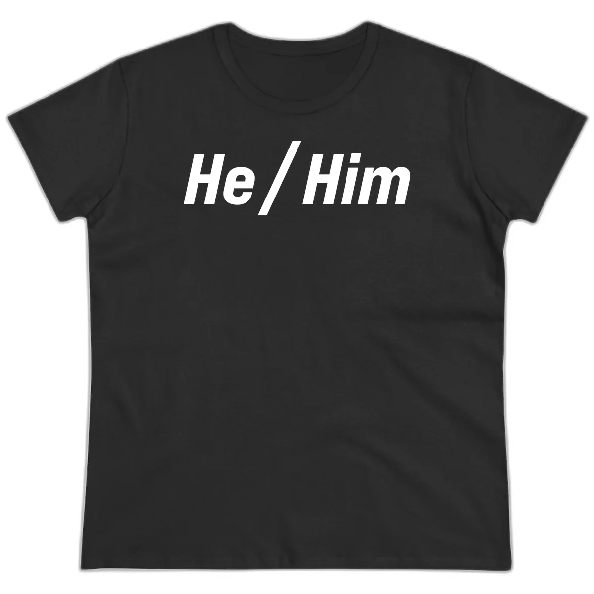 Bold white text reading 'He / Him' with forward slash on gray background for pronoun pride awareness in Black