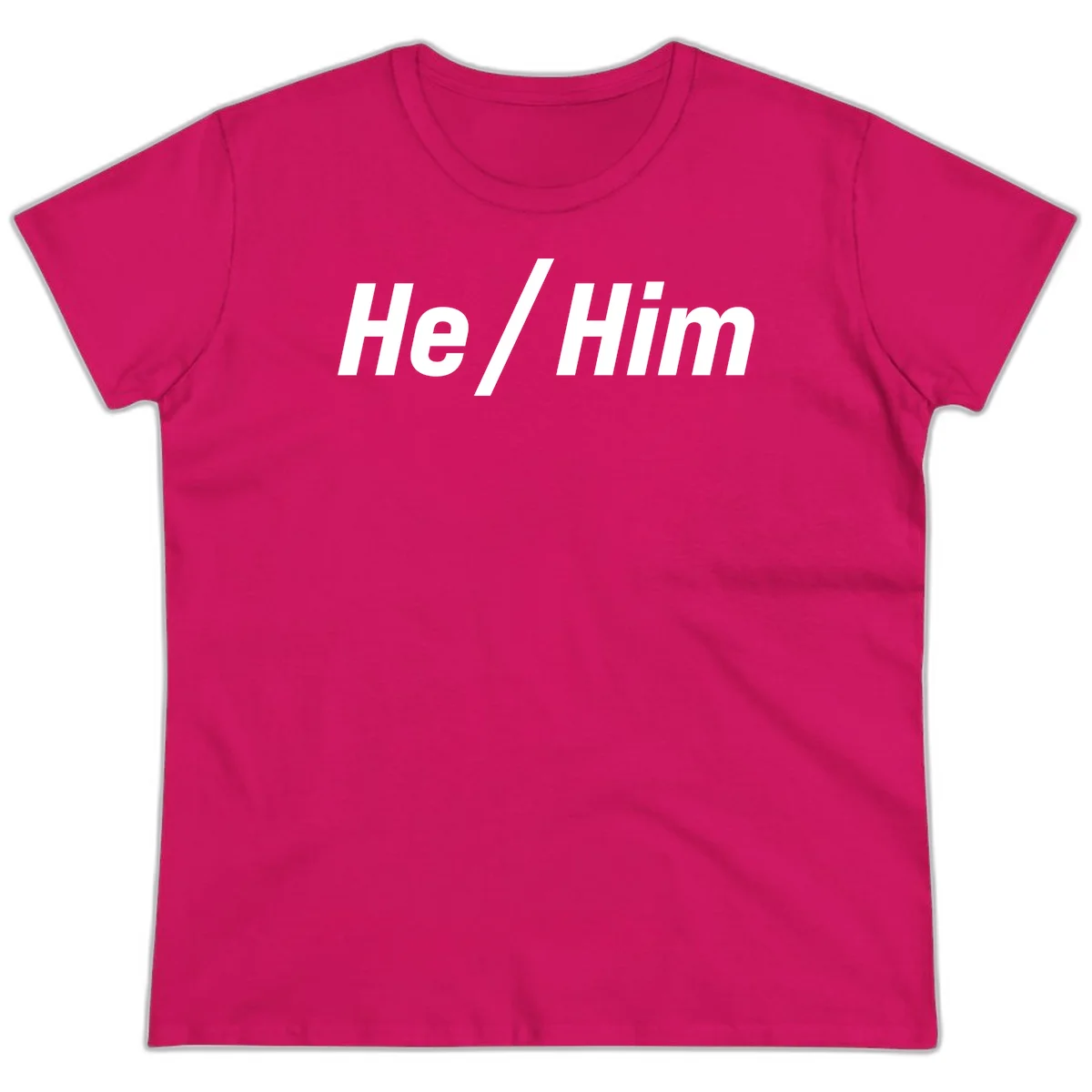 Bold white text reading 'He / Him' with forward slash on gray background for pronoun pride awareness in Heliconia
