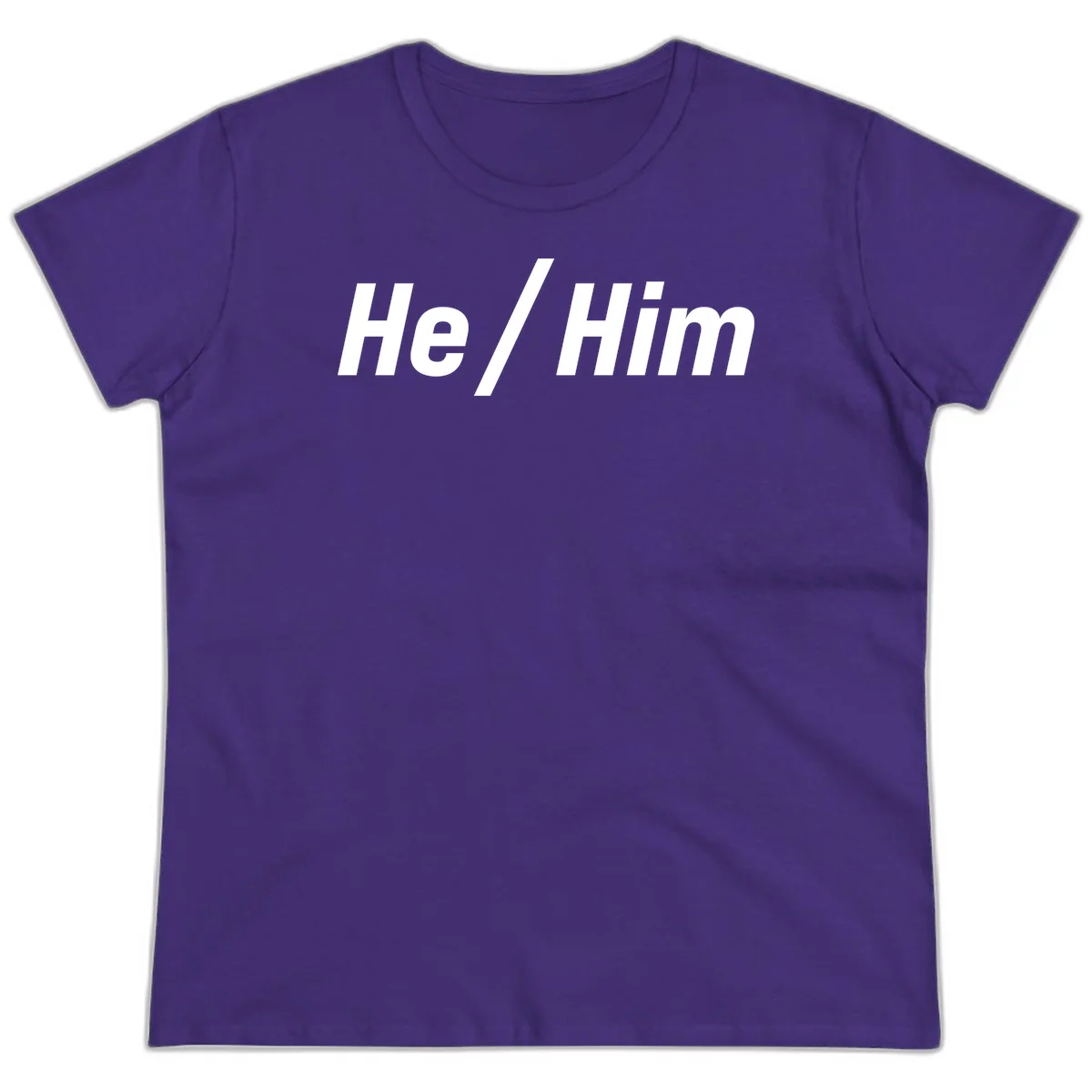 Bold white text reading 'He / Him' with forward slash on gray background for pronoun pride awareness in Purple