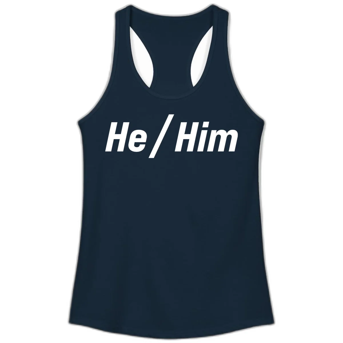 Bold white text reading 'He / Him' with forward slash on gray background for pronoun pride awareness in Solid Midnight Navy