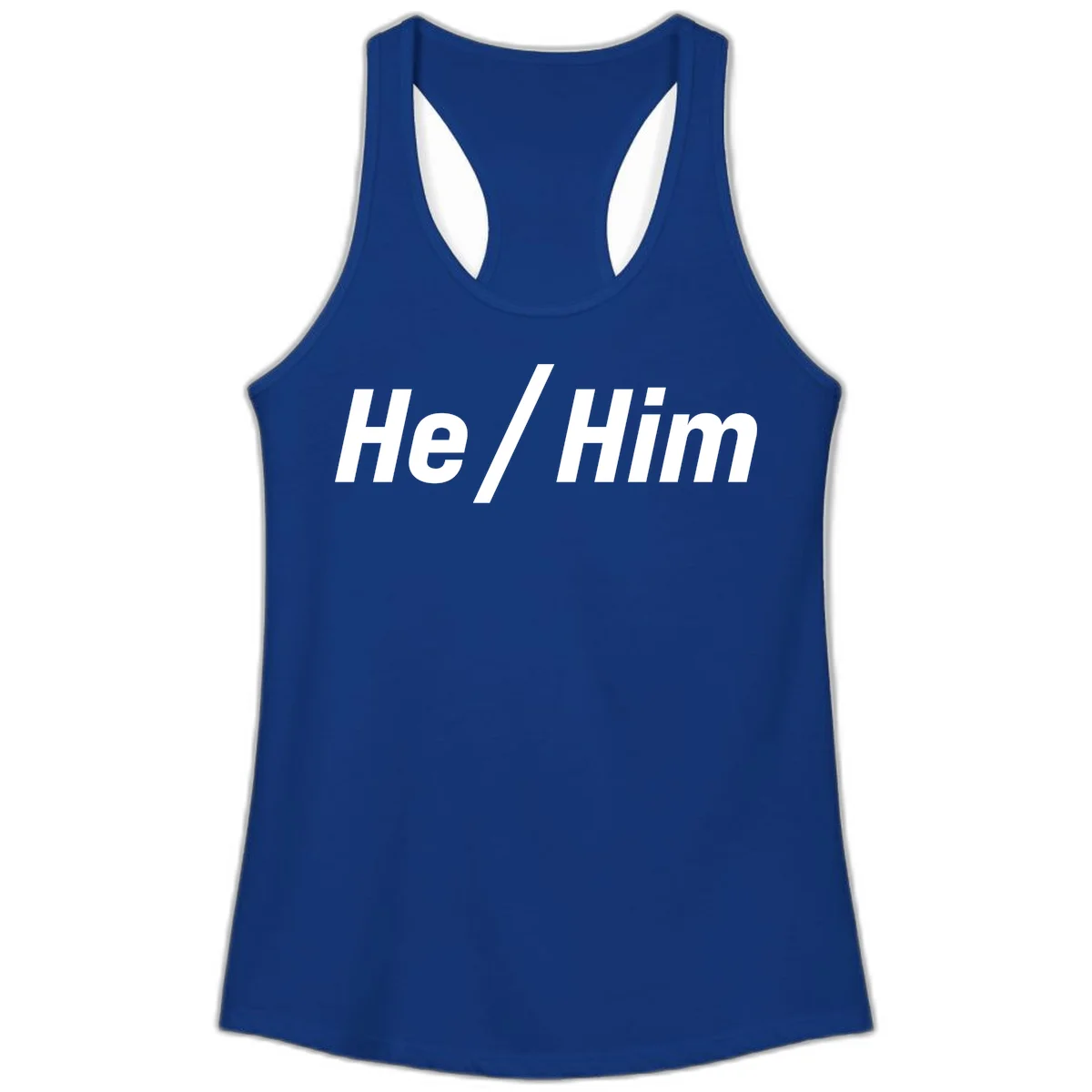 Bold white text reading 'He / Him' with forward slash on gray background for pronoun pride awareness in Solid Royal