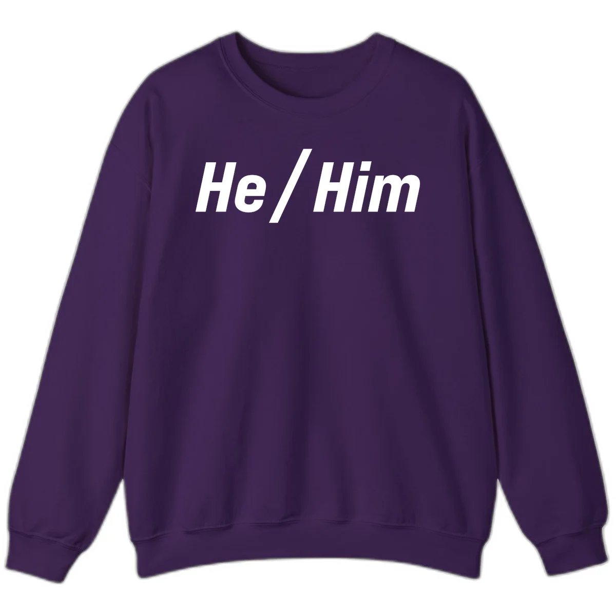 Bold white text reading 'He / Him' with forward slash on gray background for pronoun pride awareness in Purple