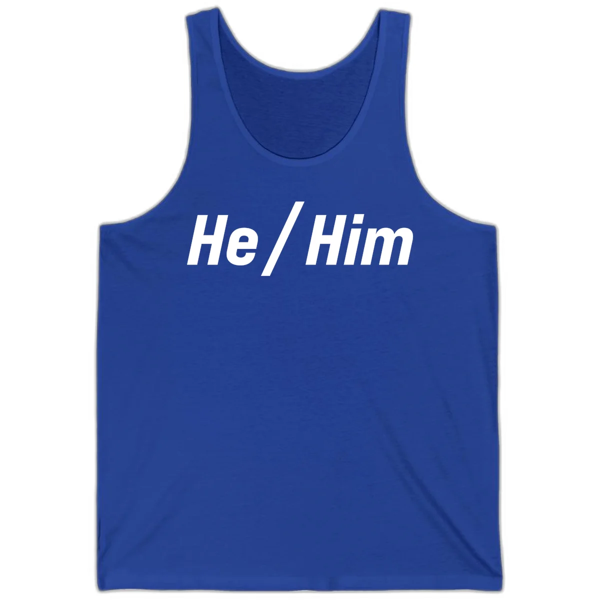 Bold white text reading 'He / Him' with forward slash on gray background for pronoun pride awareness in True Royal