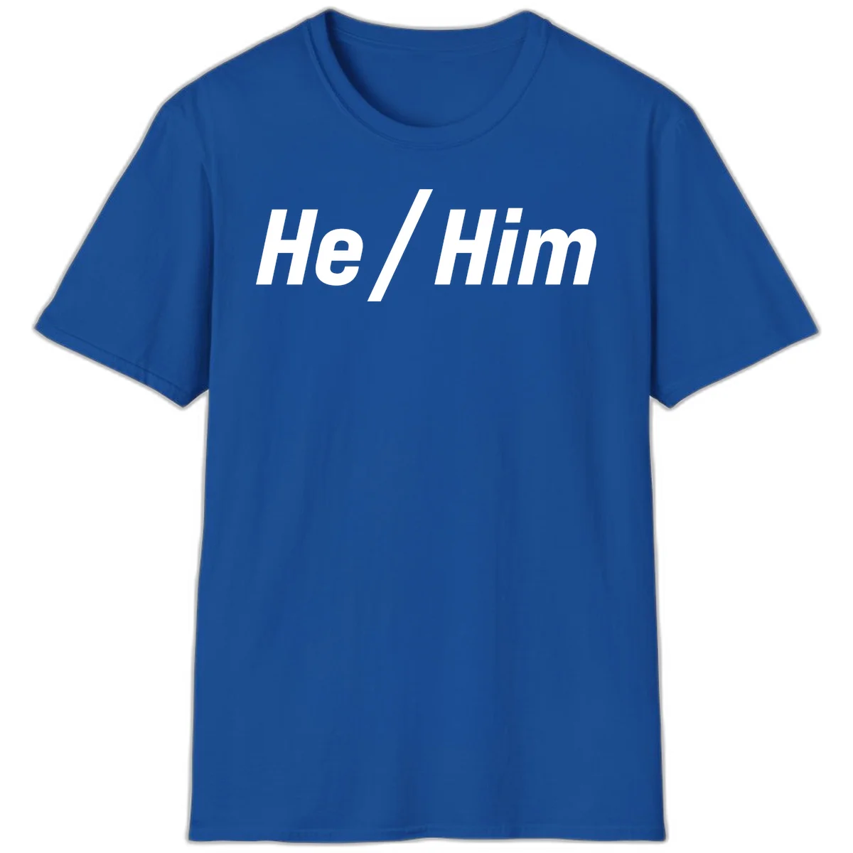 Bold white text reading 'He / Him' with forward slash on gray background for pronoun pride awareness in Royal