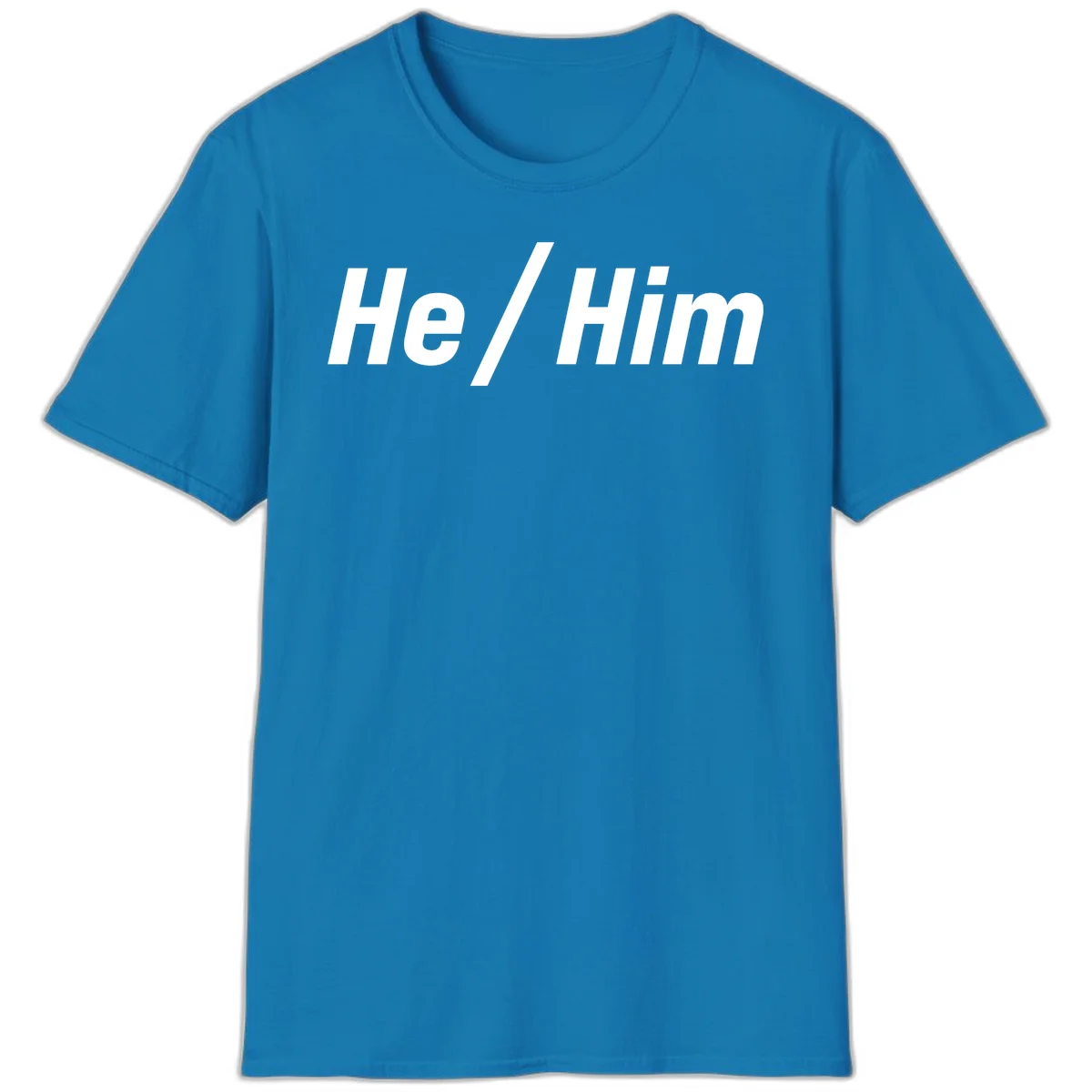 Bold white text reading 'He / Him' with forward slash on gray background for pronoun pride awareness in Sapphire
