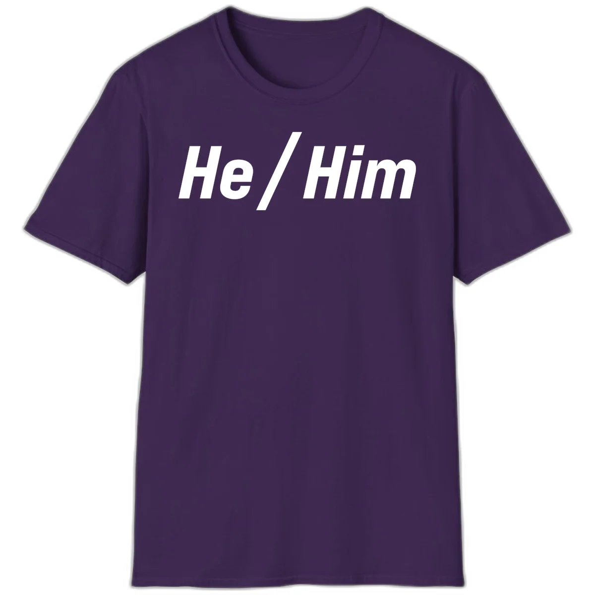 Bold white text reading 'He / Him' with forward slash on gray background for pronoun pride awareness in Purple