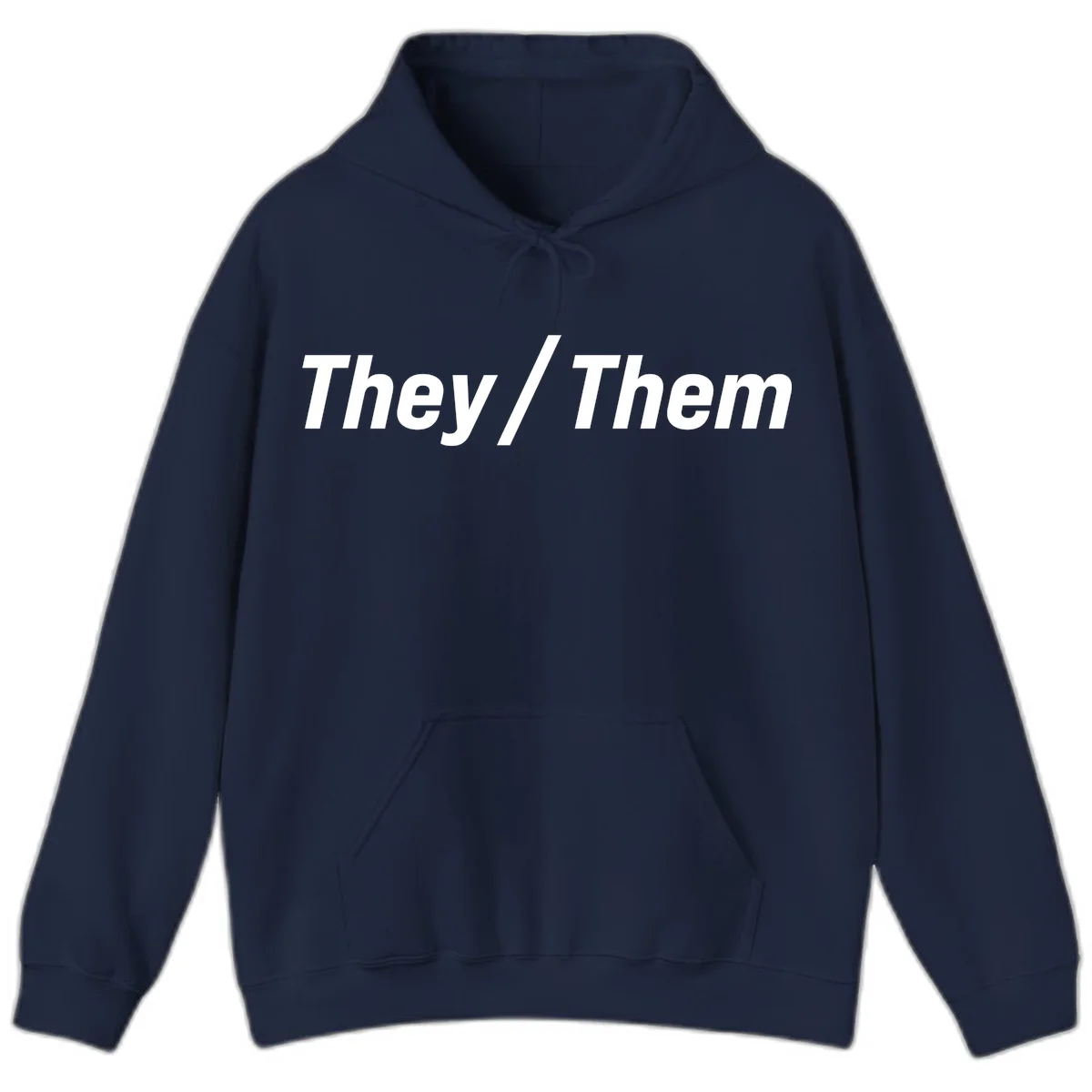 Bold white text reading 'They / Them' on gray background, a minimalist pronoun statement design in Navy