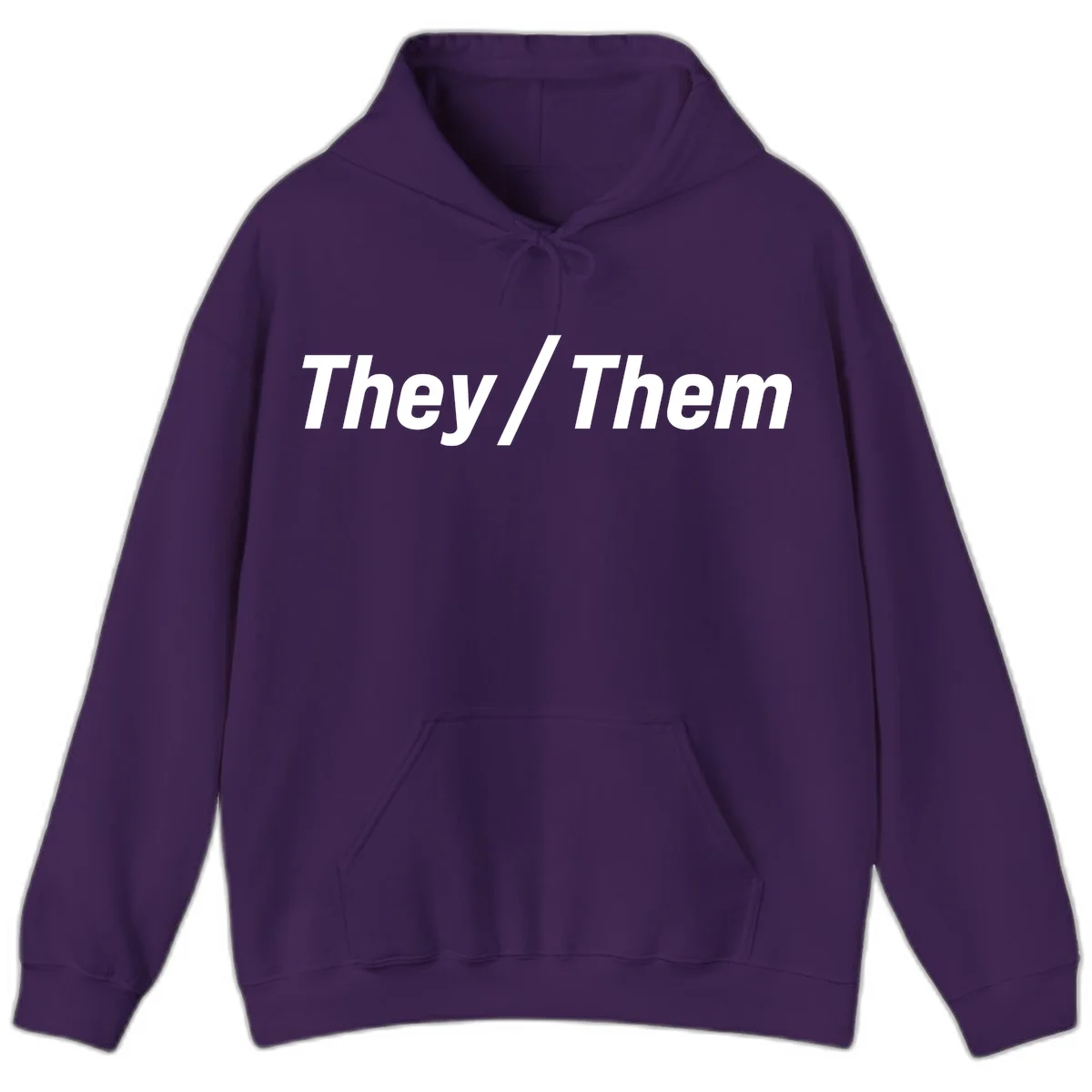 Bold white text reading 'They / Them' on gray background, a minimalist pronoun statement design in Purple