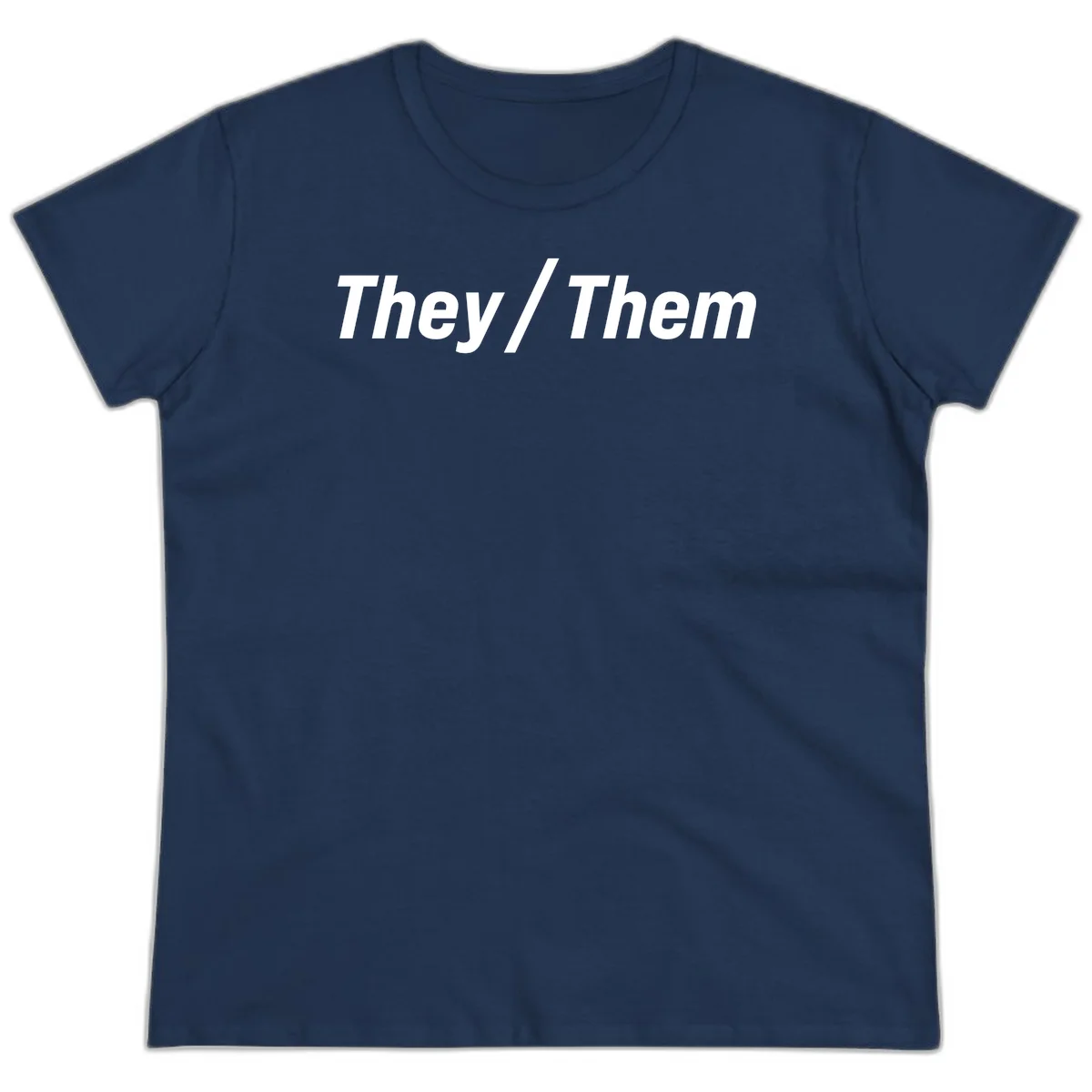 Bold white text reading 'They / Them' on gray background, a minimalist pronoun statement design in Navy