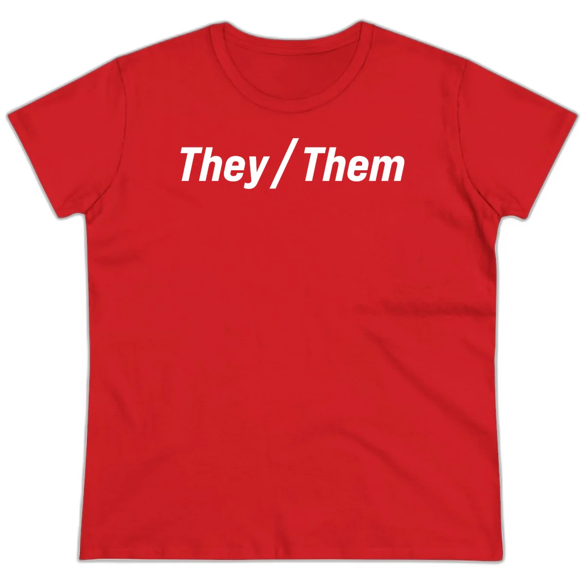 Bold white text reading 'They / Them' on gray background, a minimalist pronoun statement design in Red