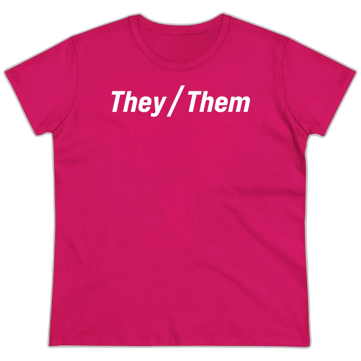 Bold white text reading 'They / Them' on gray background, a minimalist pronoun statement design in Heliconia