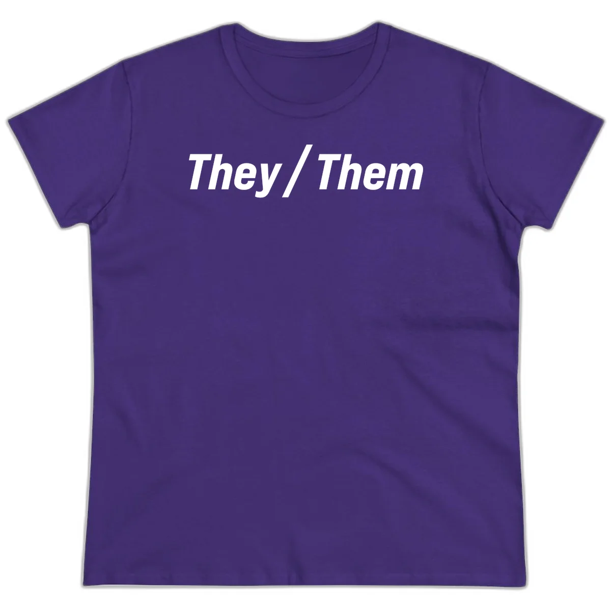 Bold white text reading 'They / Them' on gray background, a minimalist pronoun statement design in Purple