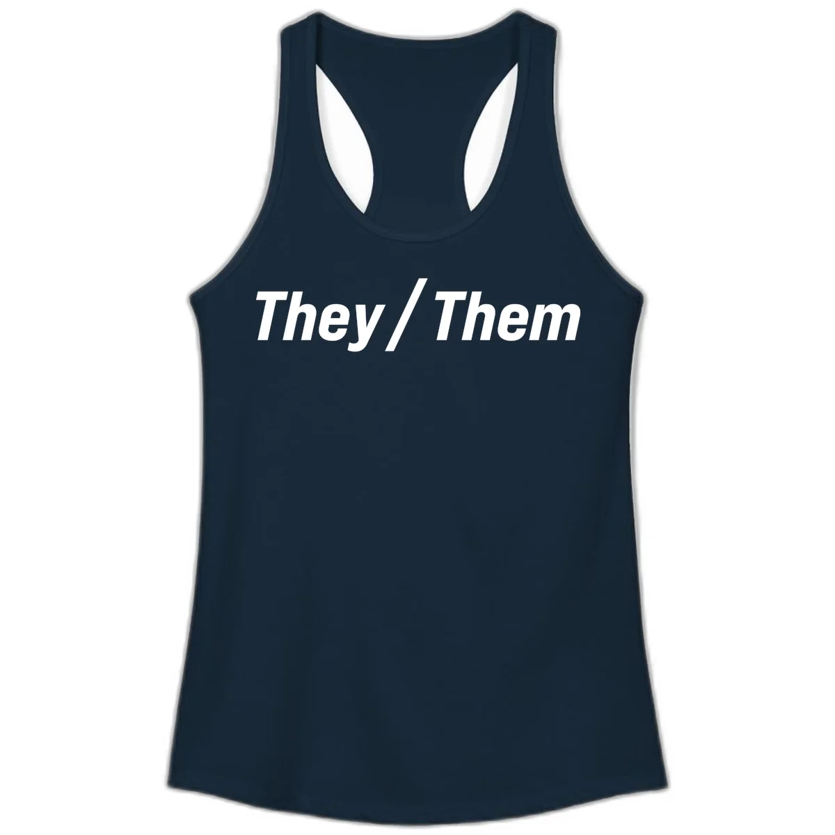 Bold white text reading 'They / Them' on gray background, a minimalist pronoun statement design in Solid Midnight Navy