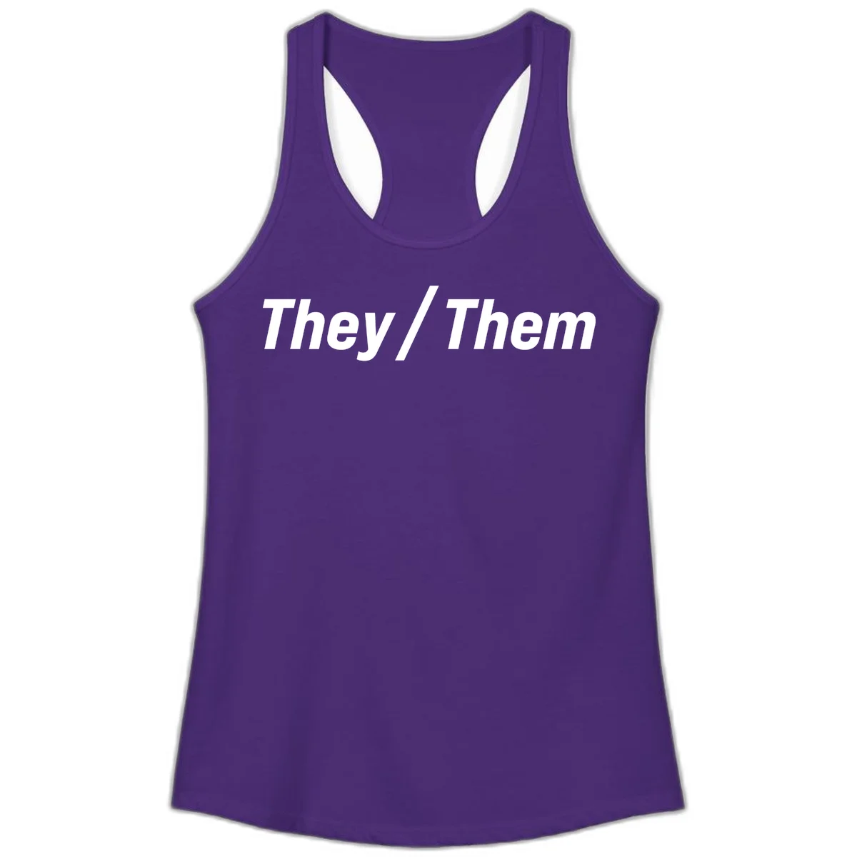 Bold white text reading 'They / Them' on gray background, a minimalist pronoun statement design in Solid Purple Rush